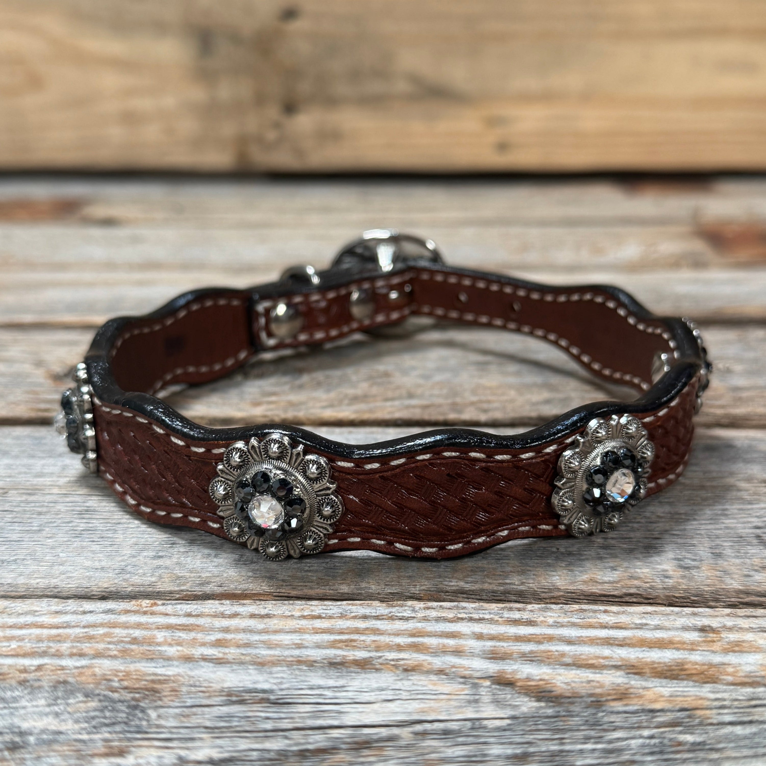 Genuine Leather Dog Collar With Antique Silver Jet and Clear Conchos 10" to 22" -DC75 — view 3