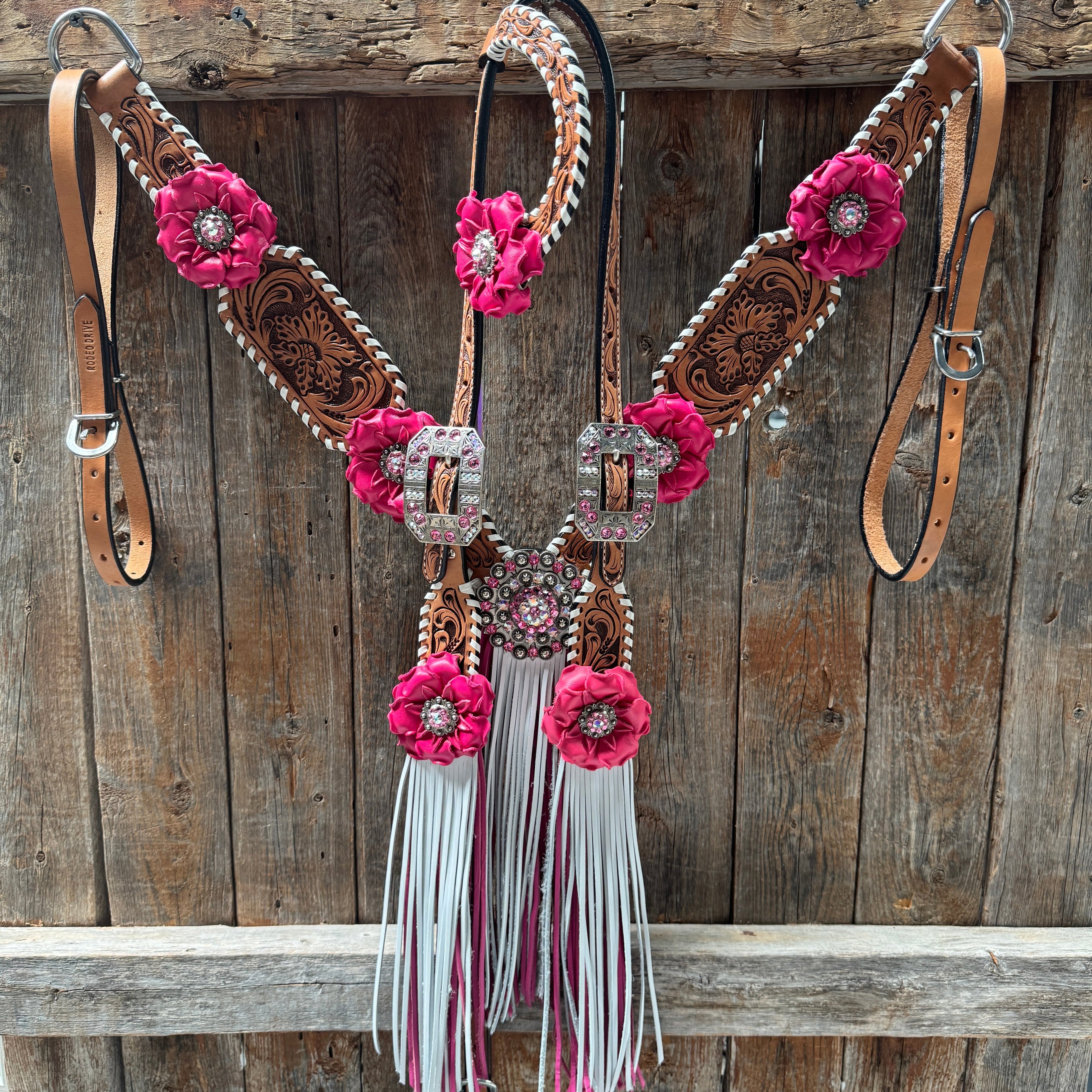 Light Oil Whipstitch Pink and White One Ear & Breastcollar Tack Set #OEBC437 — view 2
