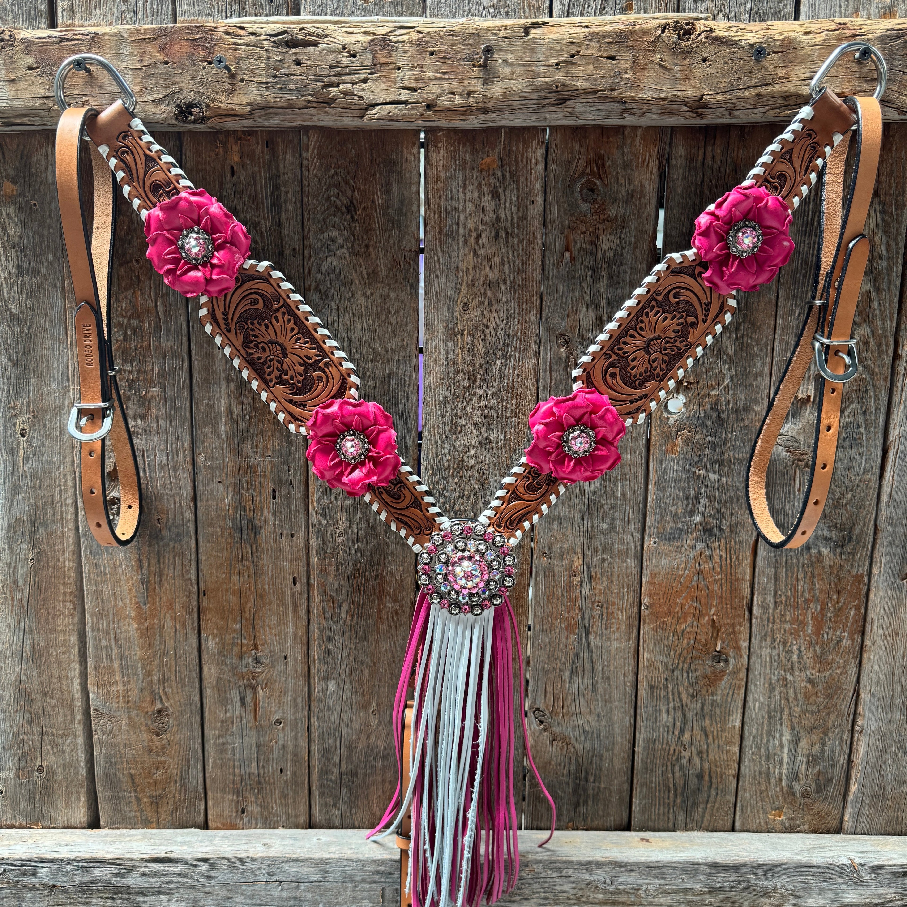 Light Oil Whipstitch Pink and White One Ear & Breastcollar Tack Set #OEBC437 — view 9