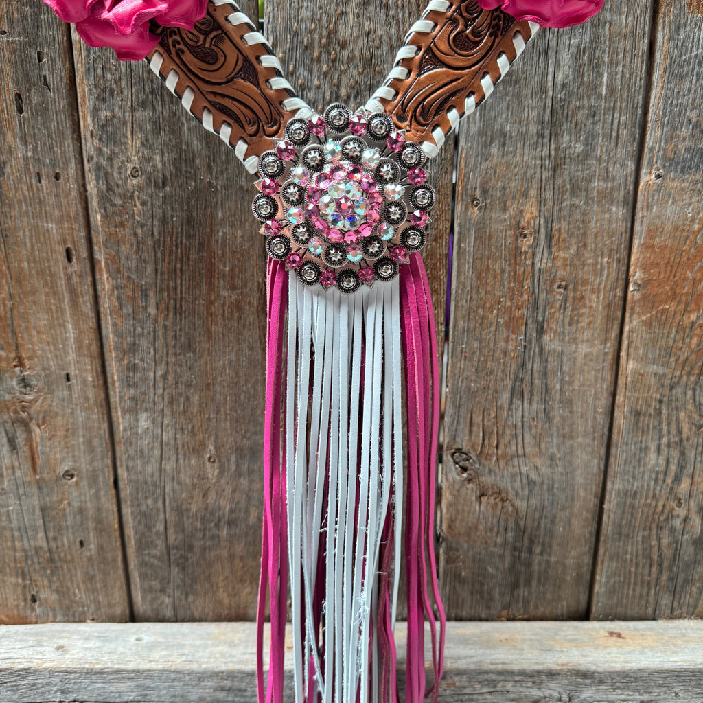 Light Oil Whipstitch Pink and White One Ear & Breastcollar Tack Set #OEBC437 — view 10