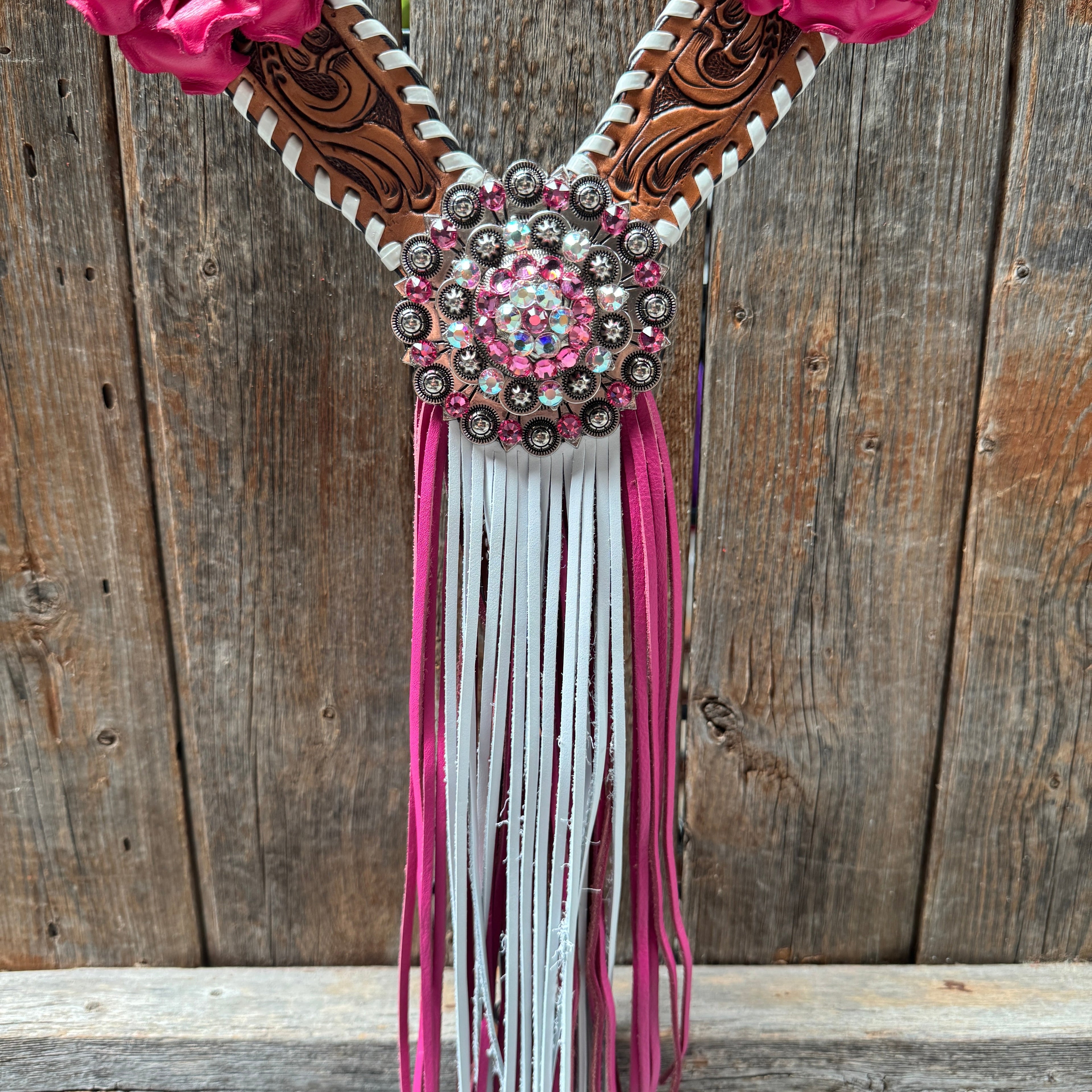 Light Oil Whipstitch Pink and White One Ear & Breastcollar Tack Set #OEBC437 — view 10