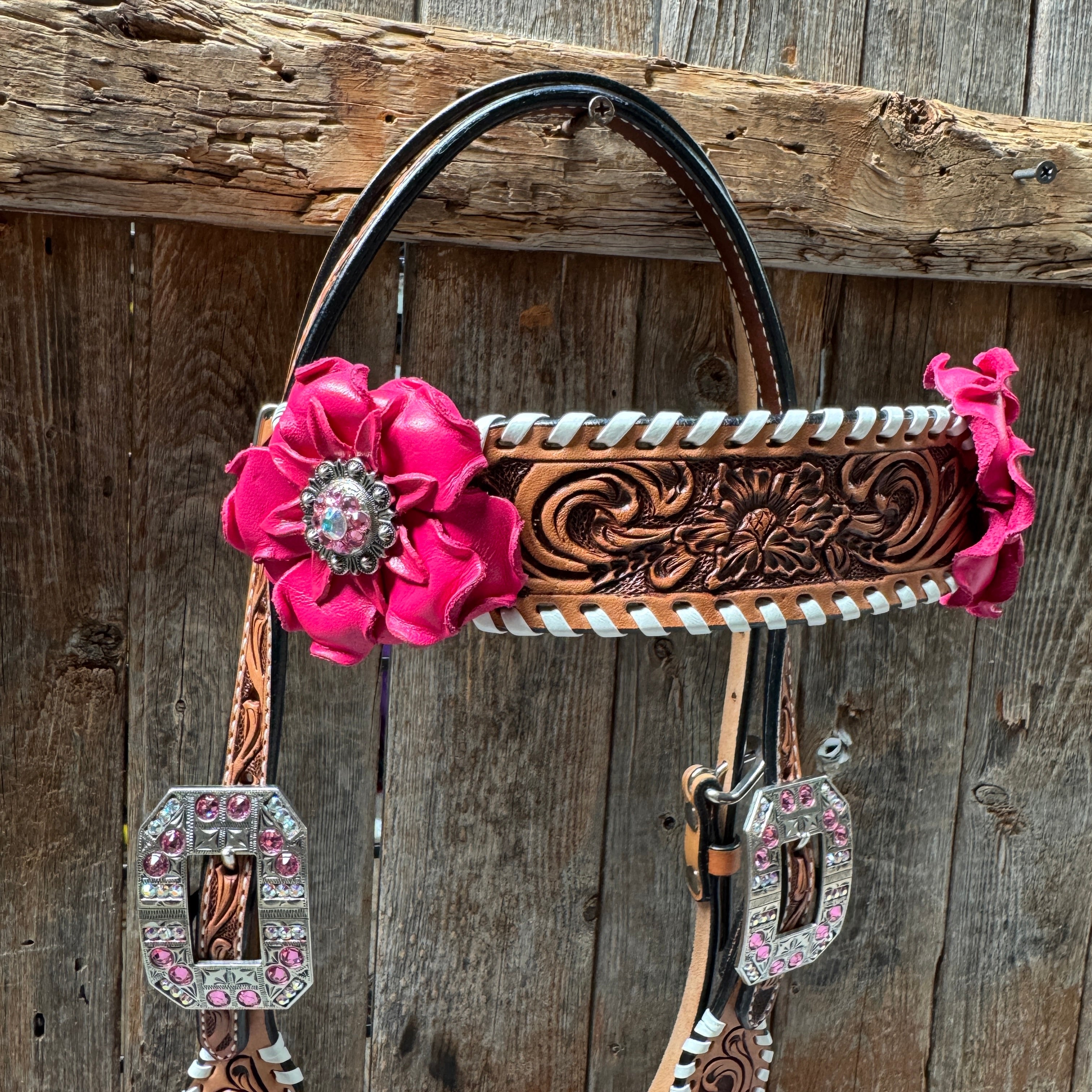 Light Oil Whipstitch Pink and White One Ear & Breastcollar Tack Set #OEBC437 — view 4