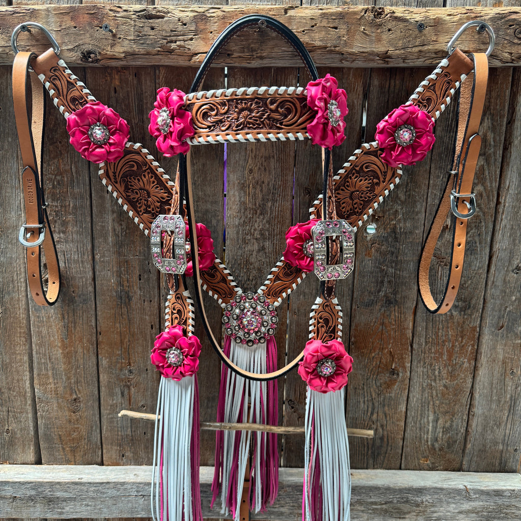 Light Oil Whipstitch Pink and White One Ear & Breastcollar Tack Set #OEBC437