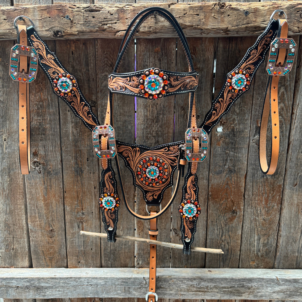 Two Tone Orange and Teal Browband/One Ear - Triangle/Gladiator Breastcollar Tack Set #BBBC670