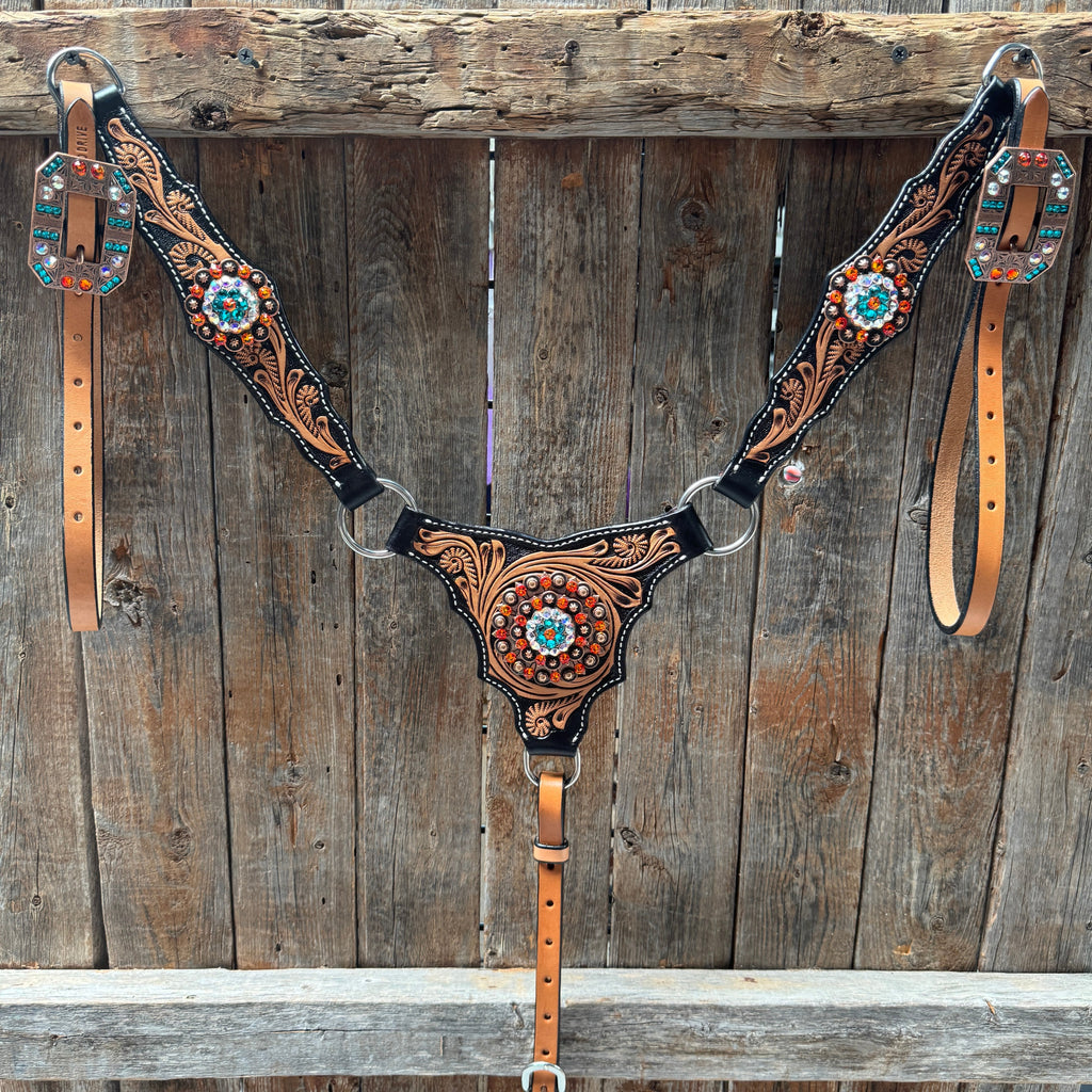 Two Tone Orange and Teal Browband/One Ear - Triangle/Gladiator Breastcollar Tack Set #BBBC670 — view 8