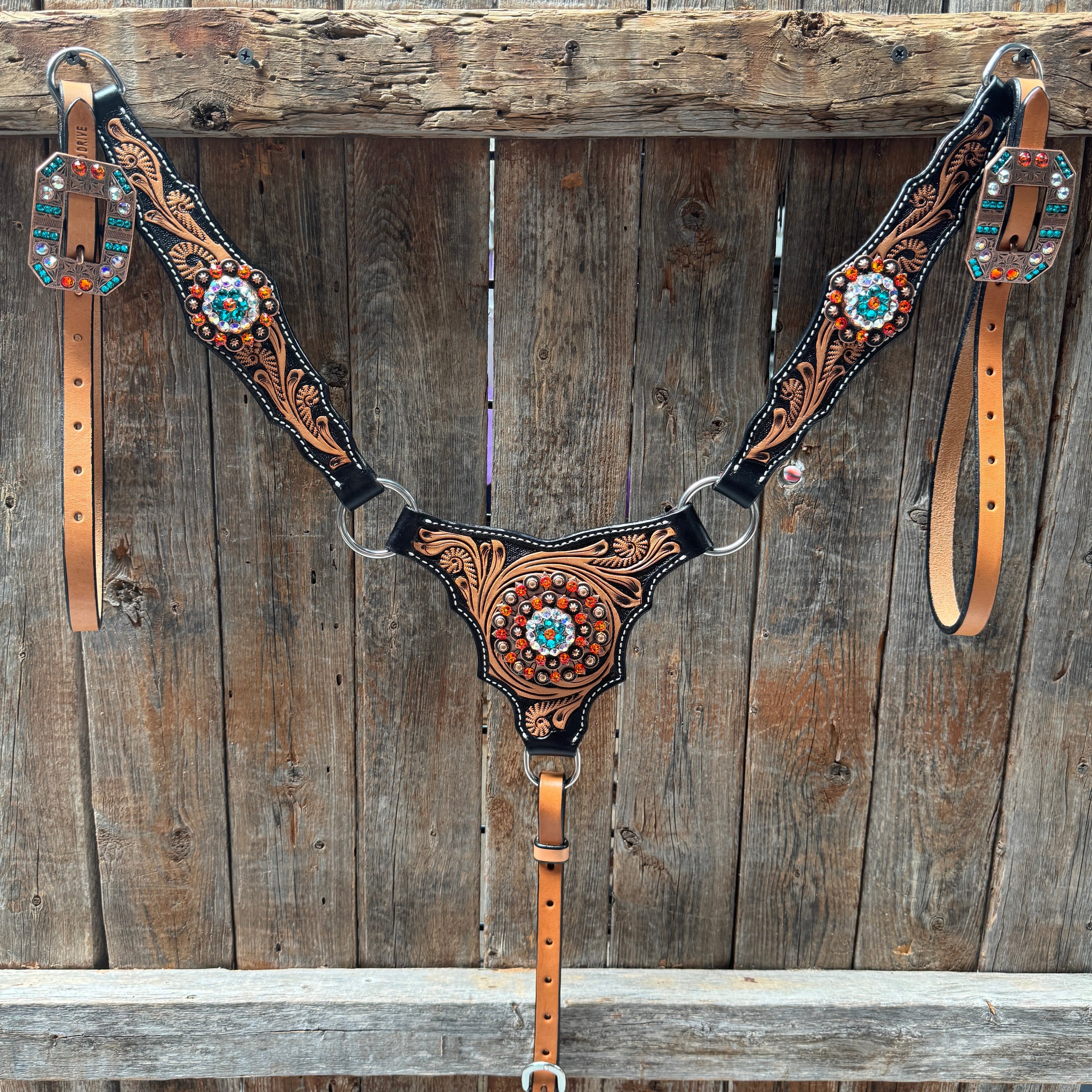 Two Tone Orange and Teal Browband/One Ear - Triangle/Gladiator Breastcollar Tack Set #BBBC670 — view 8