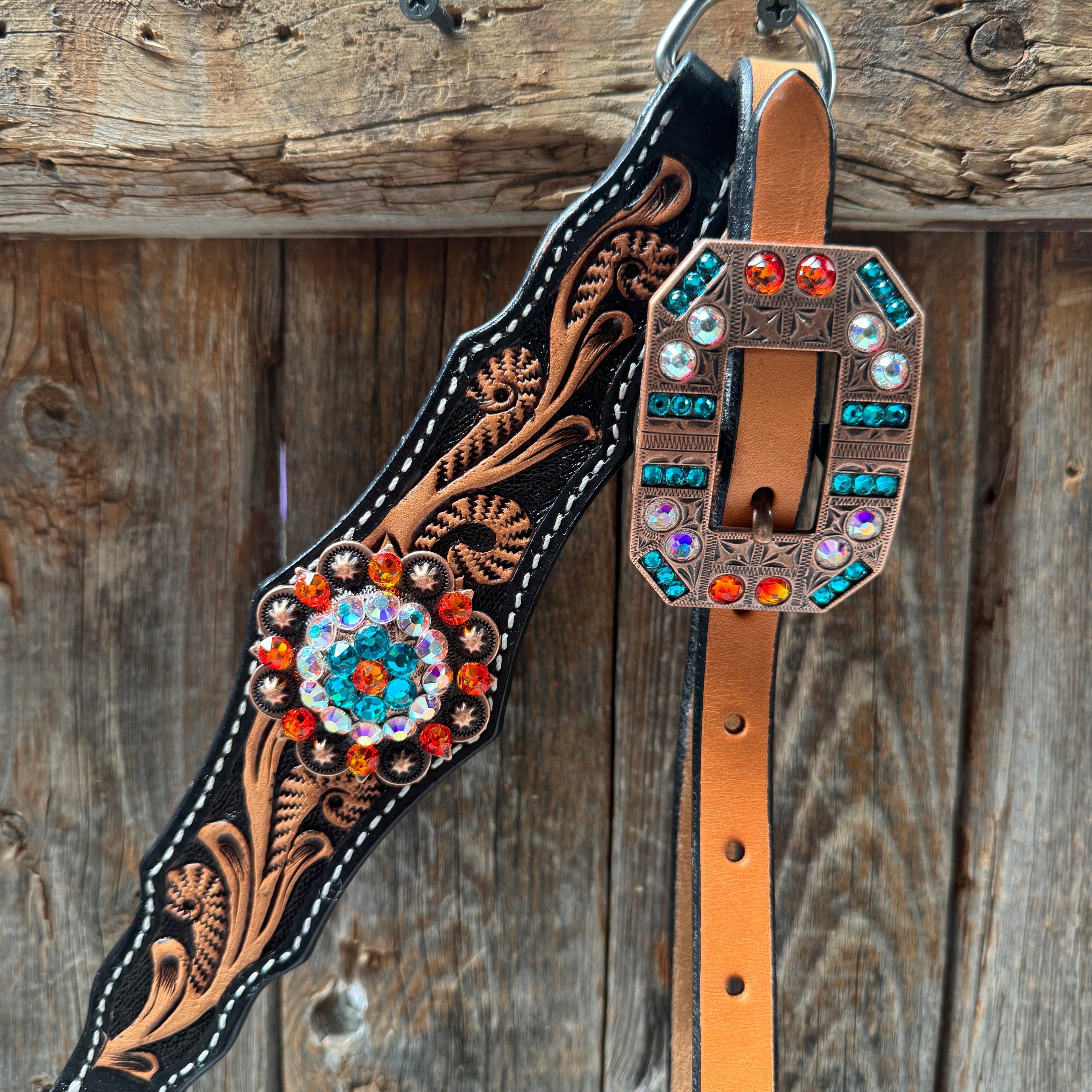 Two Tone Orange and Teal Browband/One Ear - Triangle/Gladiator Breastcollar Tack Set #BBBC670 — view 9