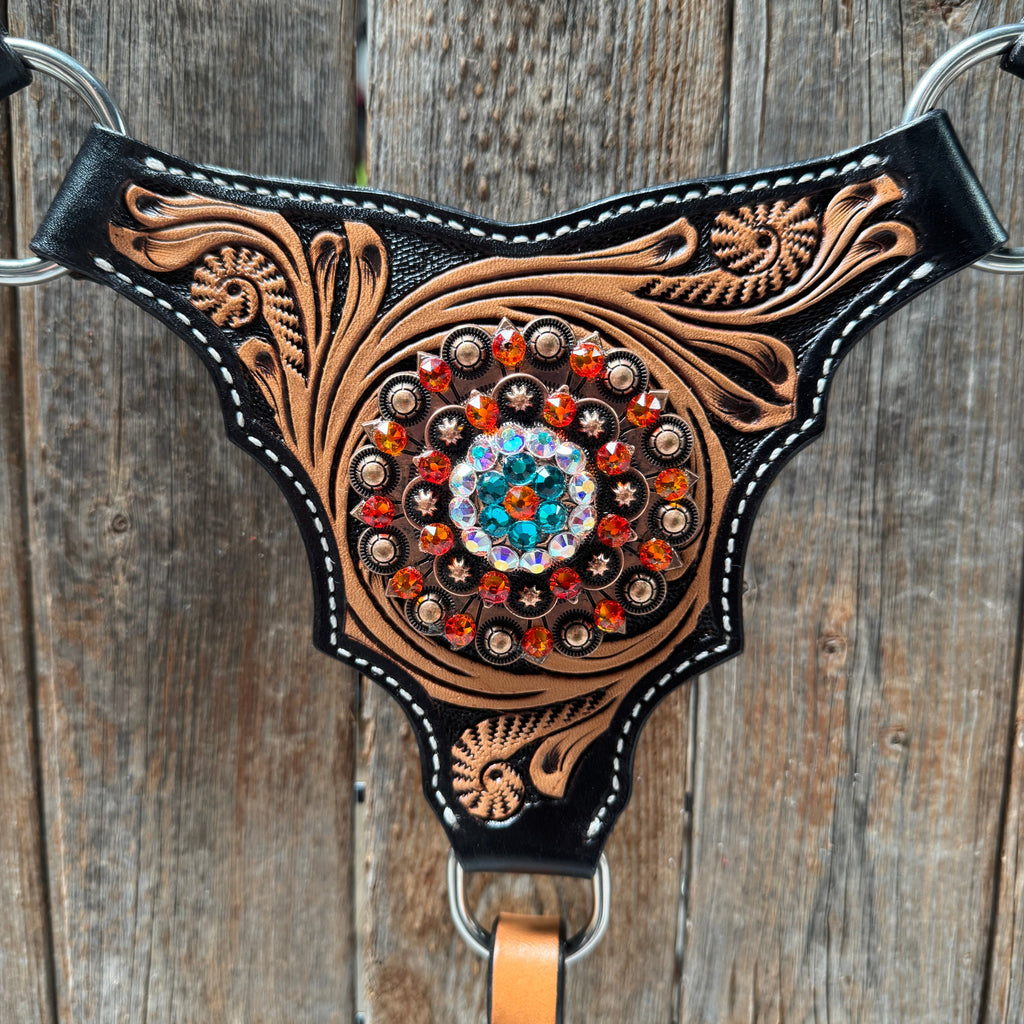 Two Tone Orange and Teal Browband/One Ear - Triangle/Gladiator Breastcollar Tack Set #BBBC670 — view 10