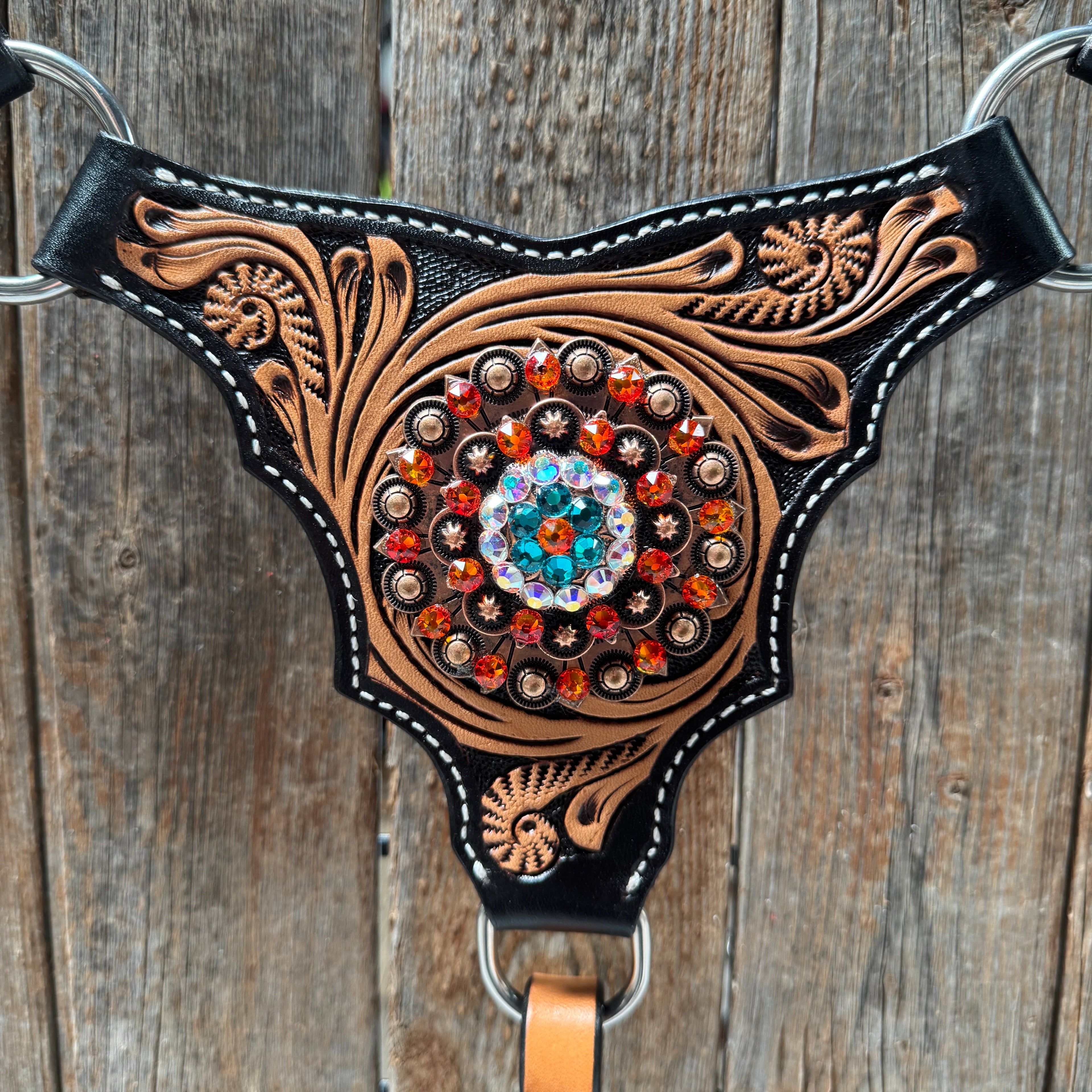 Two Tone Orange and Teal Browband/One Ear - Triangle/Gladiator Breastcollar Tack Set #BBBC670 — view 10