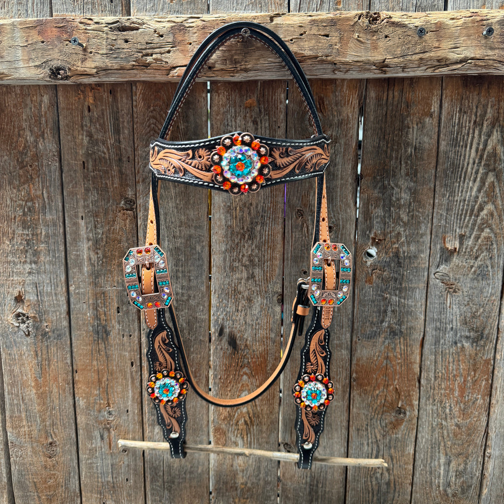 Two Tone Orange and Teal Browband/One Ear - Triangle/Gladiator Breastcollar Tack Set #BBBC670 — view 3