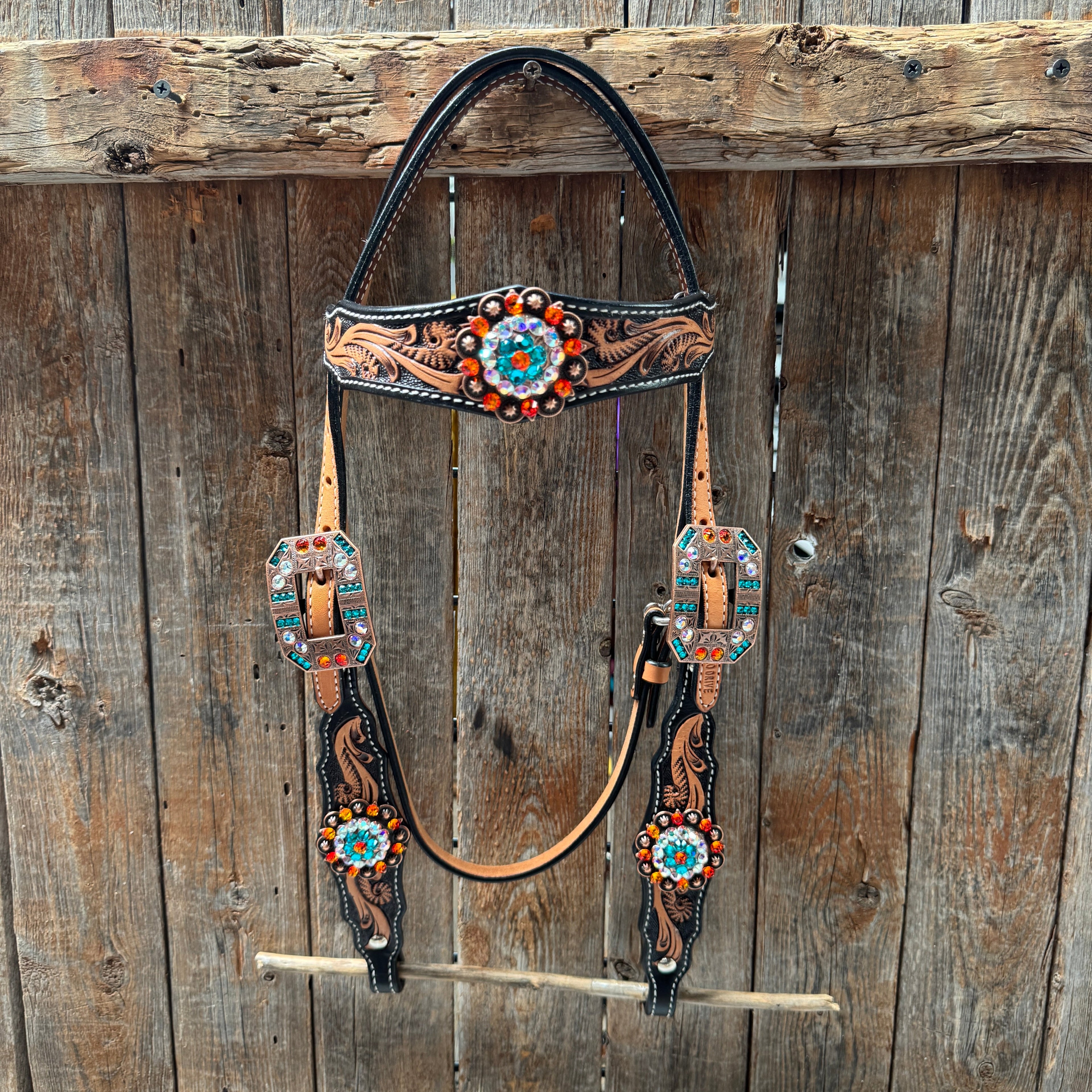 Two Tone Orange and Teal Browband/One Ear - Triangle/Gladiator Breastcollar Tack Set #BBBC670 — view 3