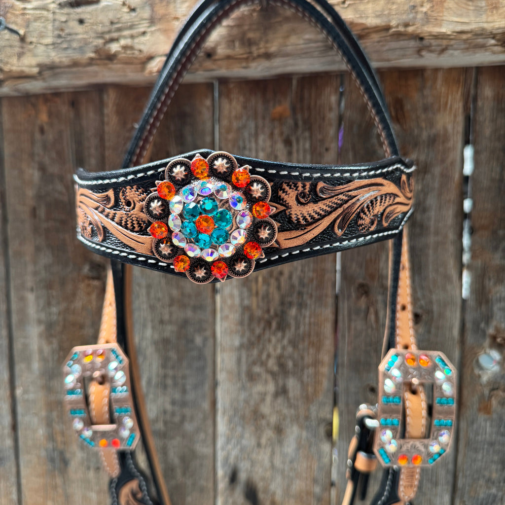 Two Tone Orange and Teal Browband/One Ear - Triangle/Gladiator Breastcollar Tack Set #BBBC670 — view 4