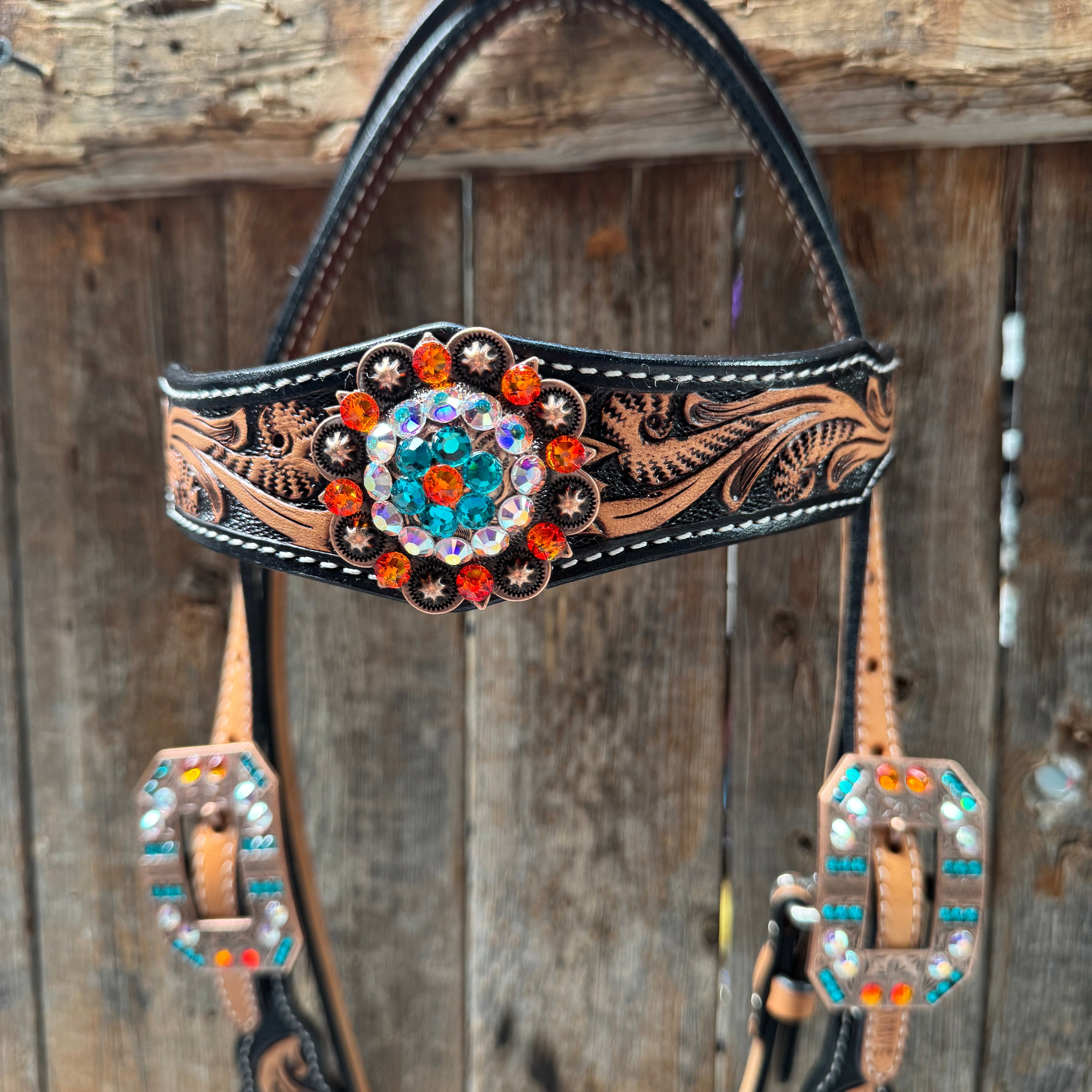 Two Tone Orange and Teal Browband/One Ear - Triangle/Gladiator Breastcollar Tack Set #BBBC670 — view 4