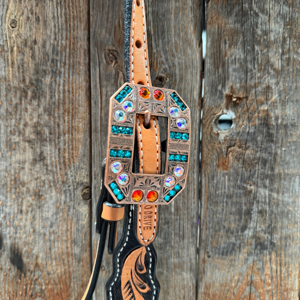 Two Tone Orange and Teal Browband/One Ear - Triangle/Gladiator Breastcollar Tack Set #BBBC670 — view 5