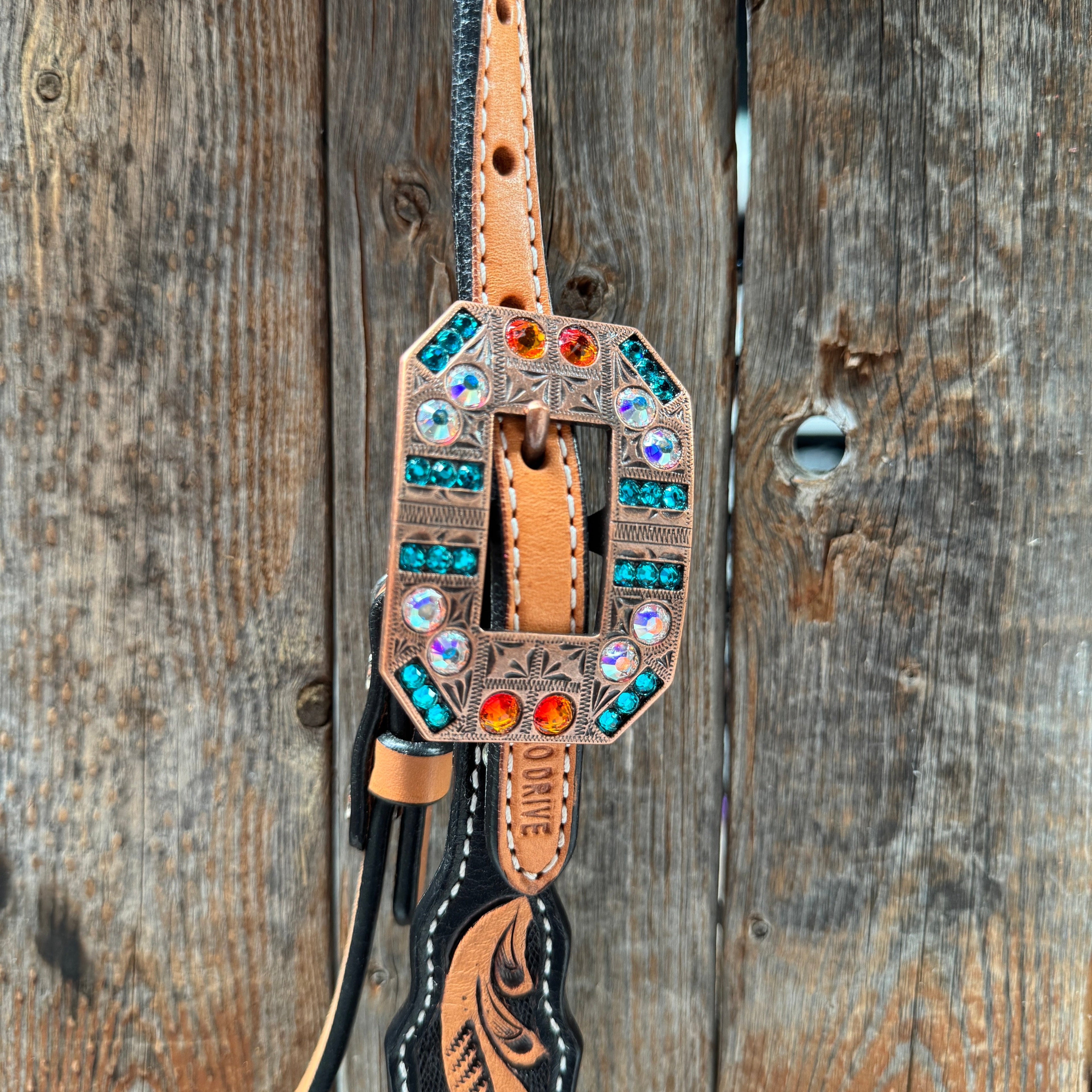Two Tone Orange and Teal Browband/One Ear - Triangle/Gladiator Breastcollar Tack Set #BBBC670 — view 5