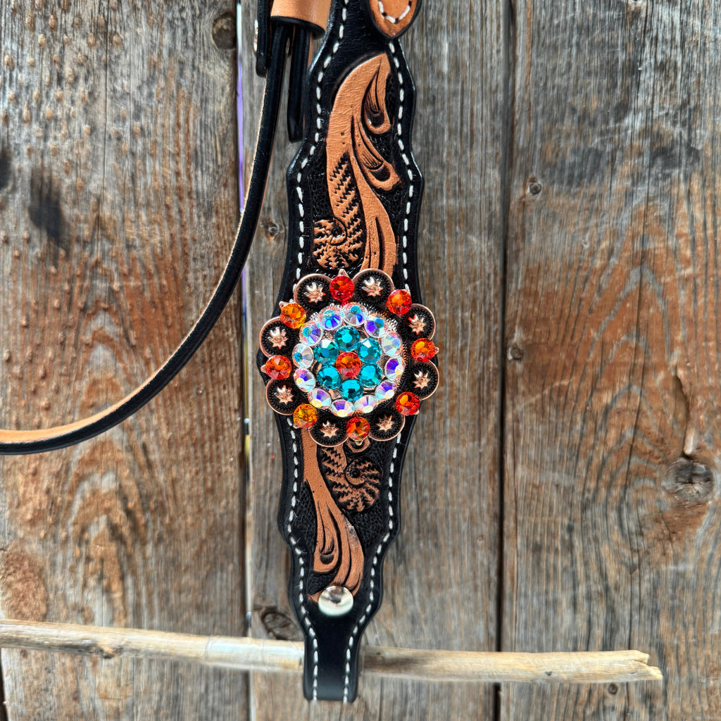 Two Tone Orange and Teal Browband/One Ear - Triangle/Gladiator Breastcollar Tack Set #BBBC670 — view 6