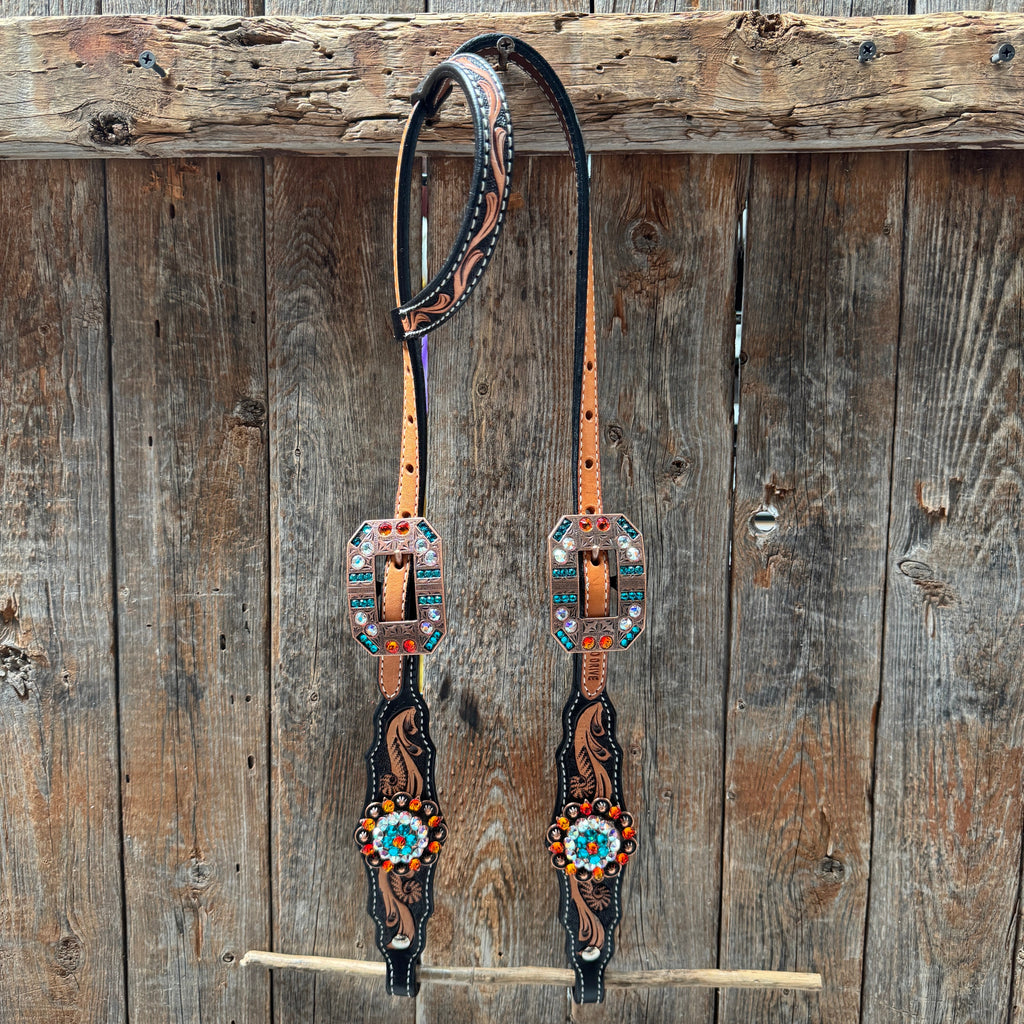 Two Tone Orange and Teal Browband/One Ear - Triangle/Gladiator Breastcollar Tack Set #BBBC670 — view 7