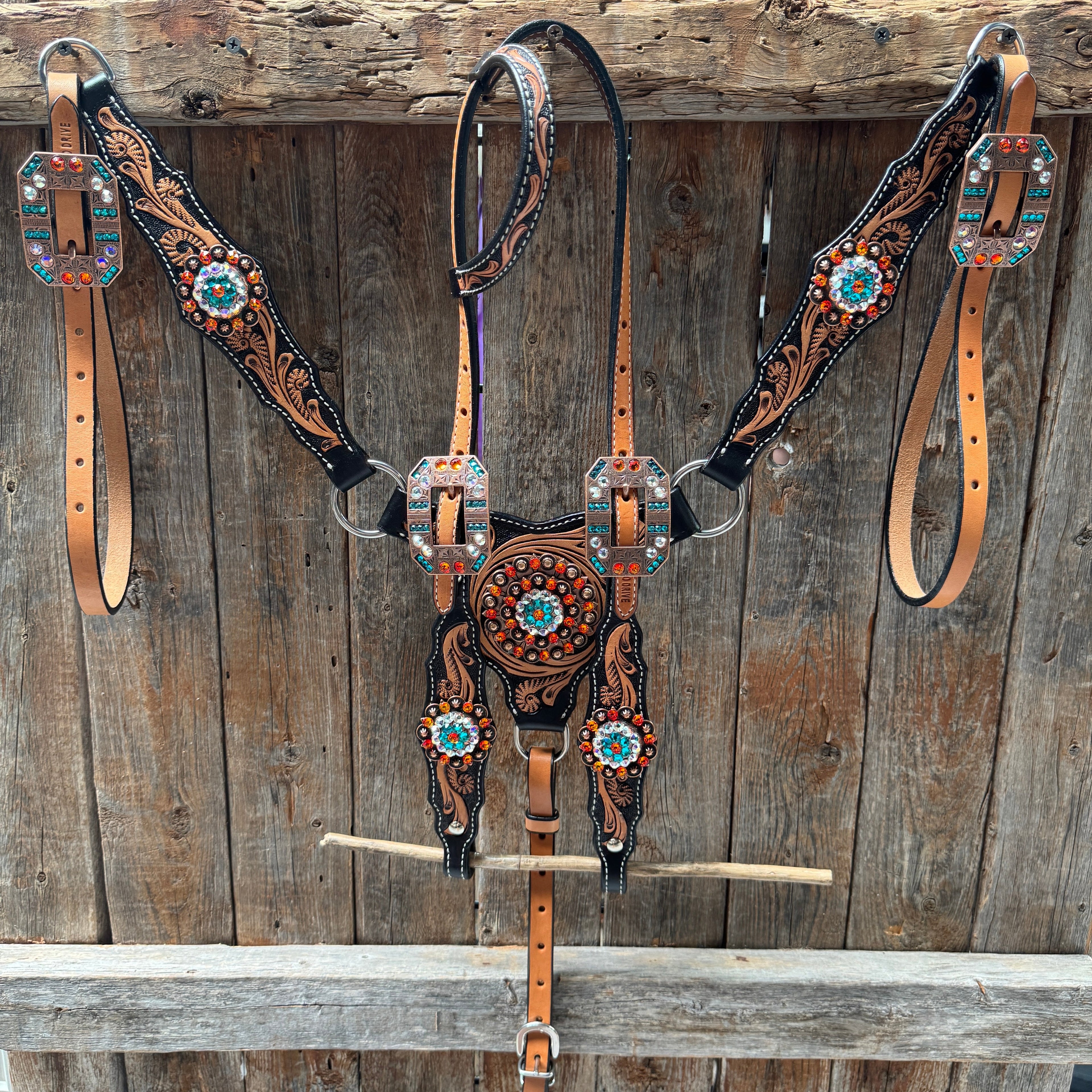 Two Tone Orange and Teal Browband/One Ear - Triangle/Gladiator Breastcollar Tack Set #BBBC670 — view 2