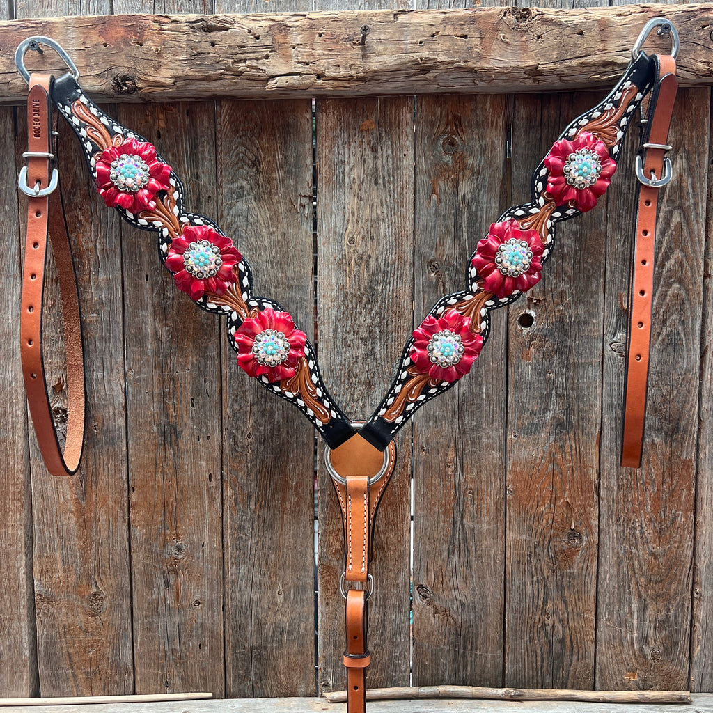 Classic Red and Turquoise Browband / One Ear Tack Set #BBBC436 — view 9