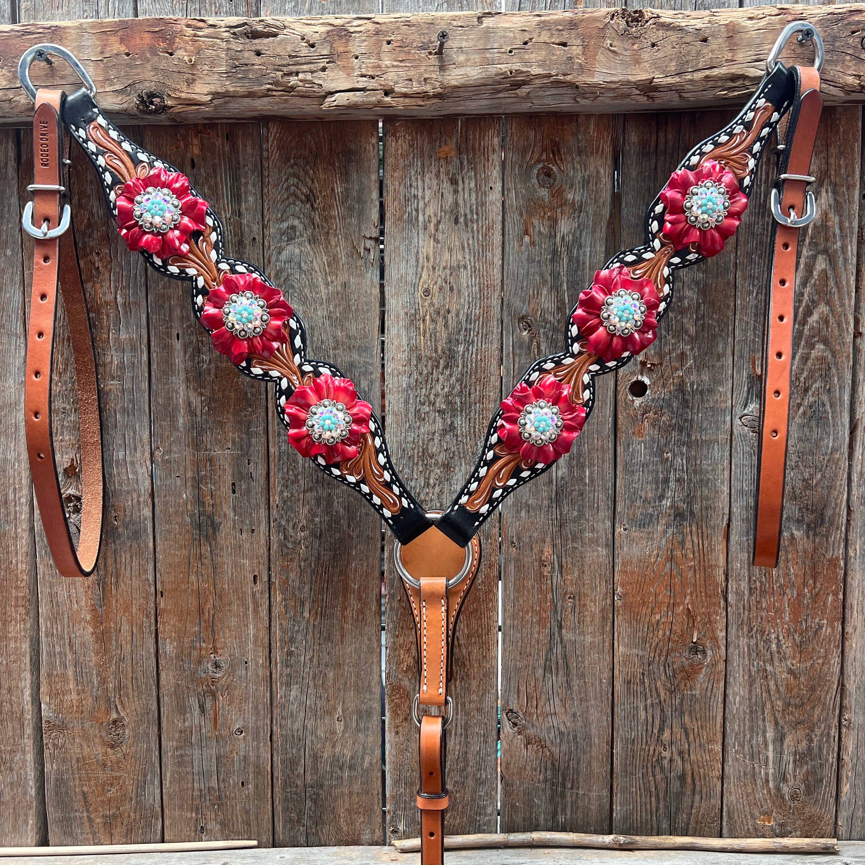 Classic Red and Turquoise Browband / One Ear Tack Set #BBBC436 — view 9