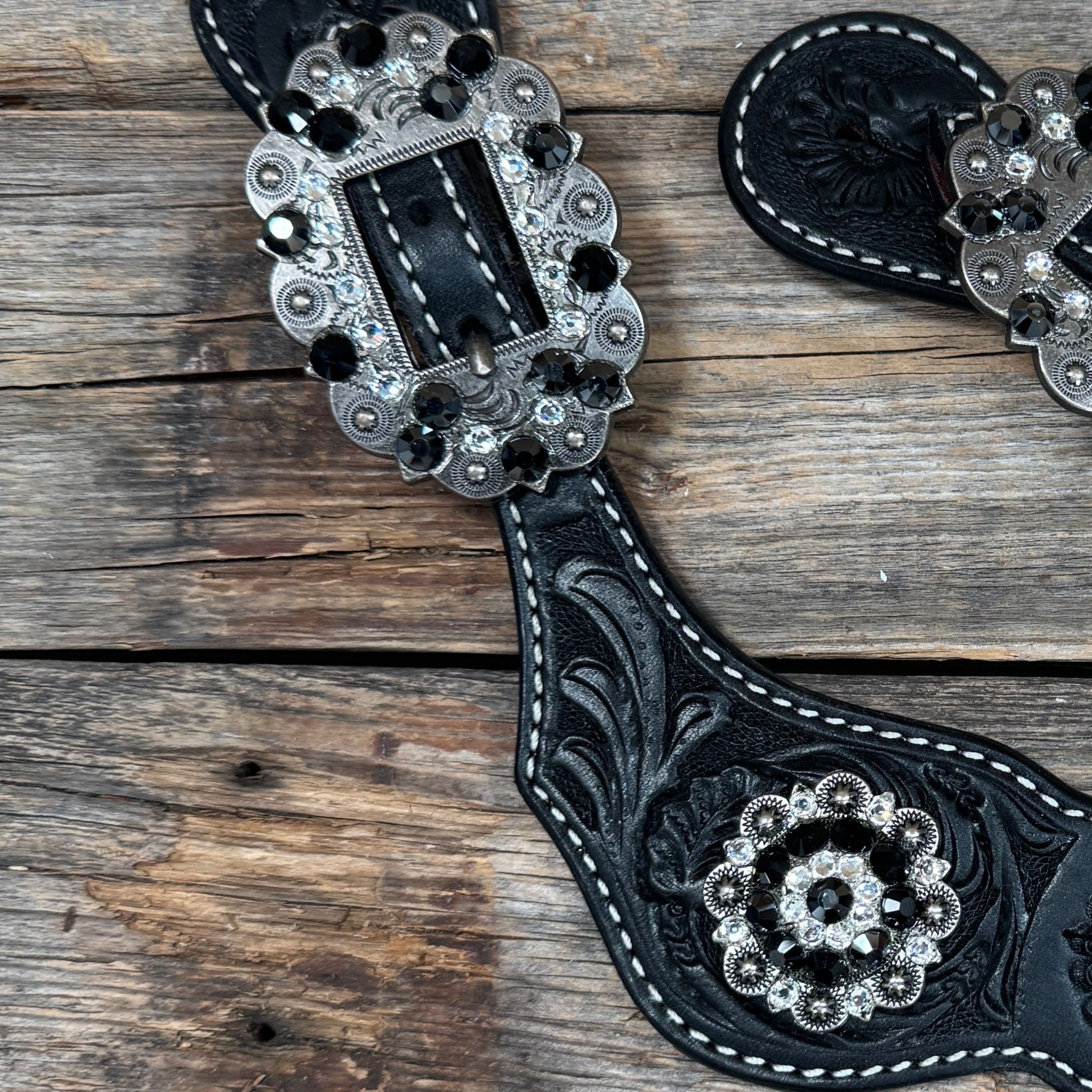 Black Floral Spur Straps - Antique Silver Crystal Conchos #SS115 — view 2