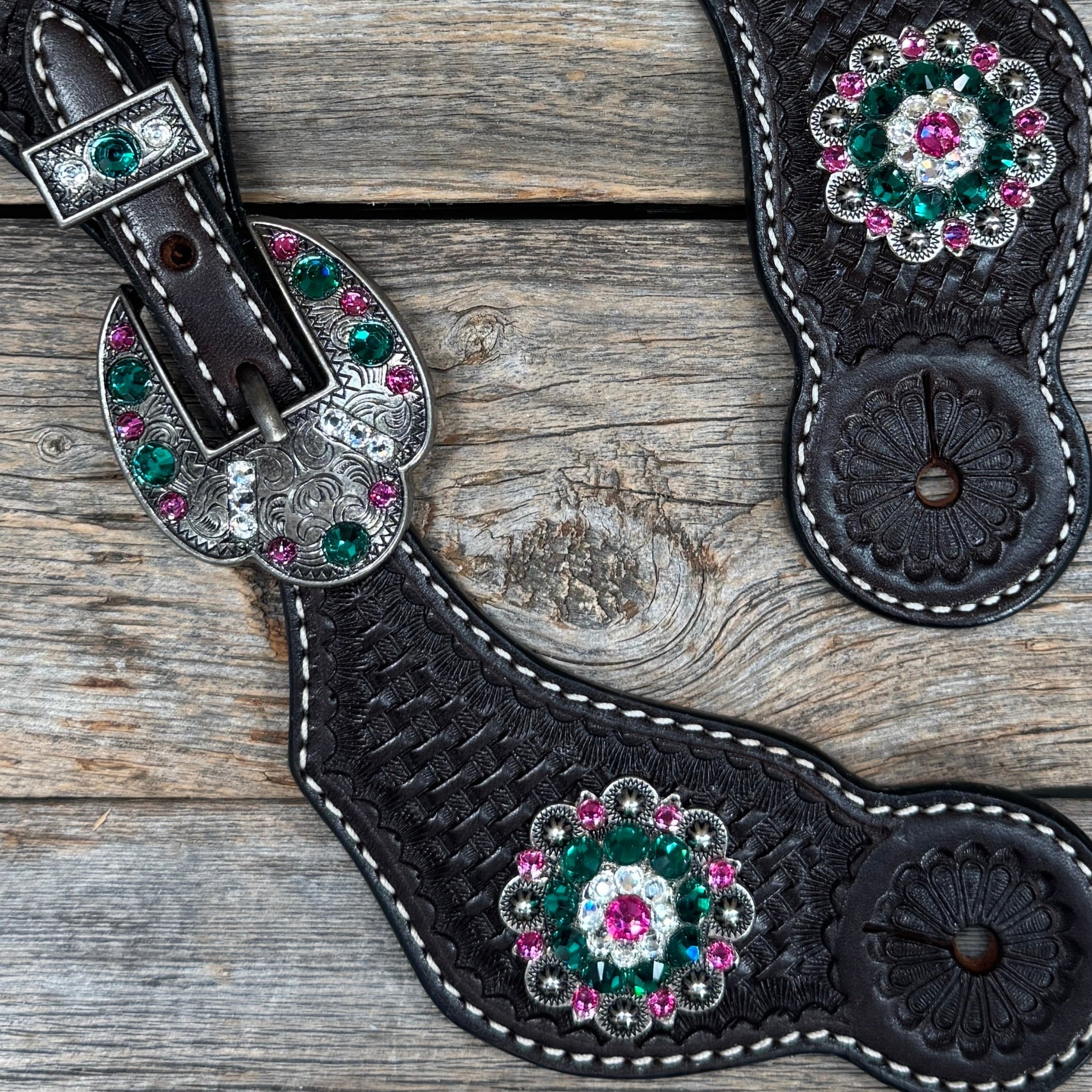 Dark Oil Basketweave Spur Straps - Antique Silver Crystal Conchos #SS142 — view 2