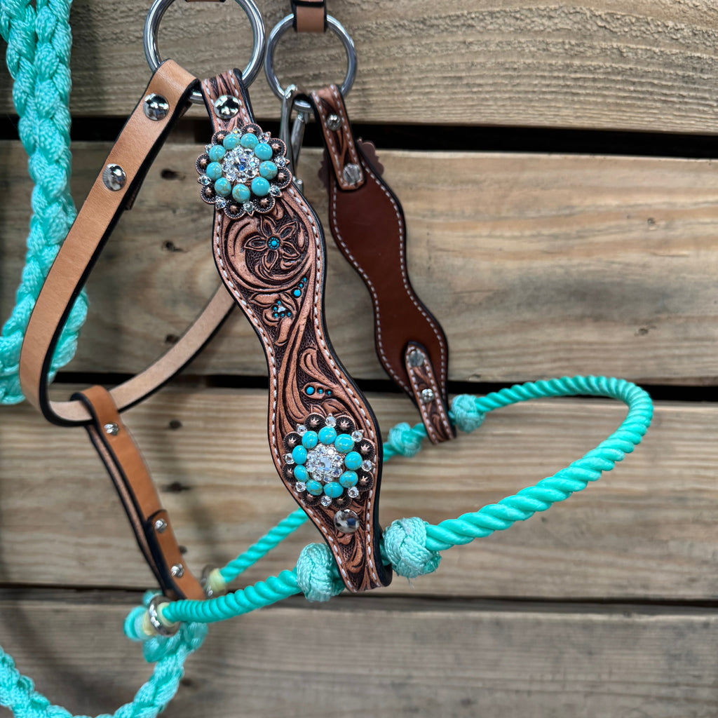 Floral Tooled Lariat & Leather Combo Halter #LH108 — view 2