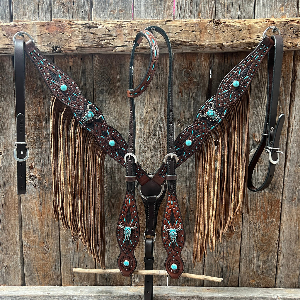 Dark Oil Hand Painted Turquoise Steer Head Browband/One Ear and Breastcollar Tack Set #BBBC624 — view 2