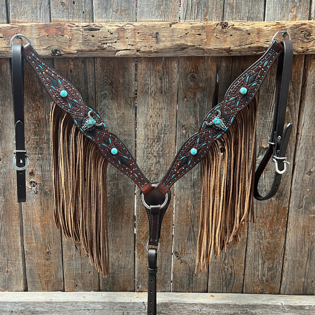 Dark Oil Hand Painted Turquoise Steer Head Browband/One Ear and Breastcollar Tack Set #BBBC624 — view 8