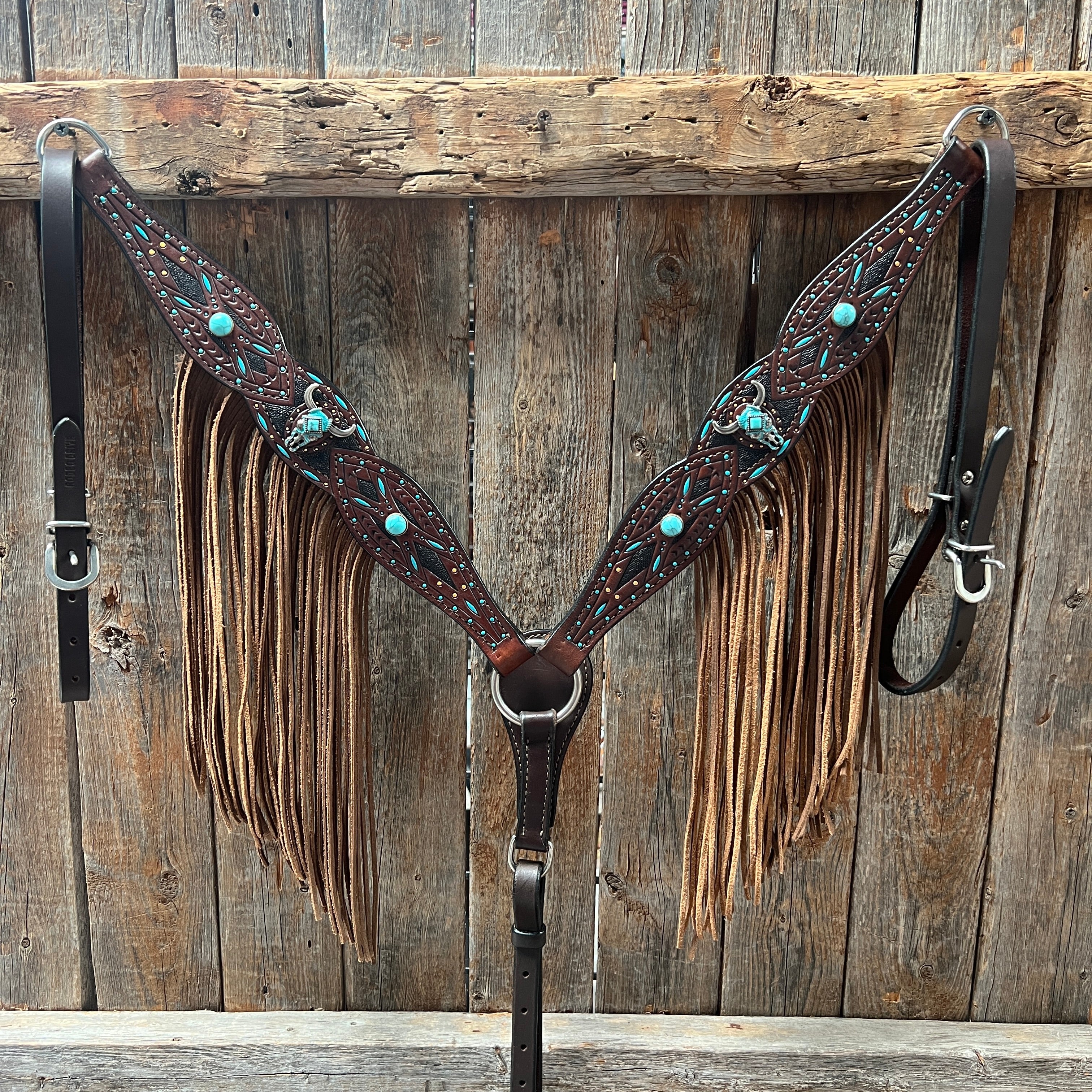 Dark Oil Hand Painted Turquoise Steer Head Browband/One Ear and Breastcollar Tack Set #BBBC624 — view 8