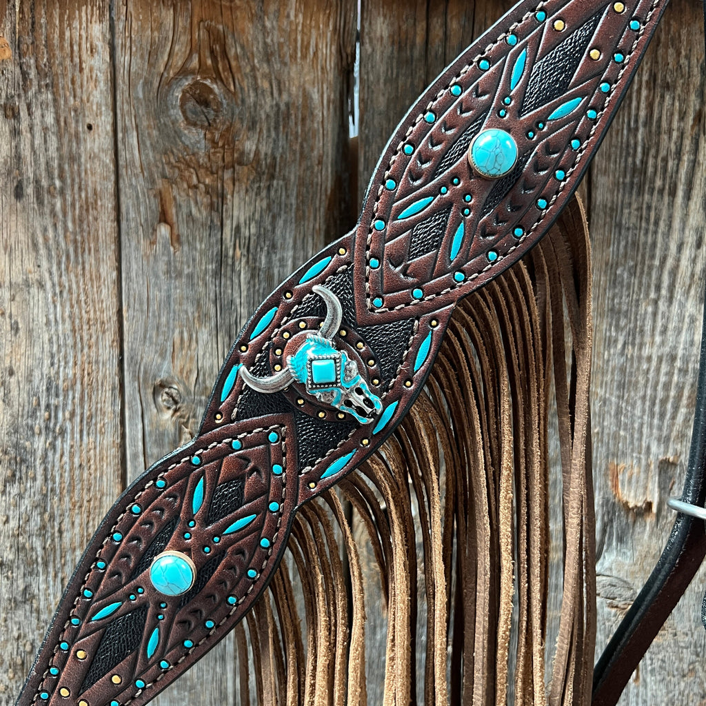 Dark Oil Hand Painted Turquoise Steer Head Browband/One Ear and Breastcollar Tack Set #BBBC624 — view 9