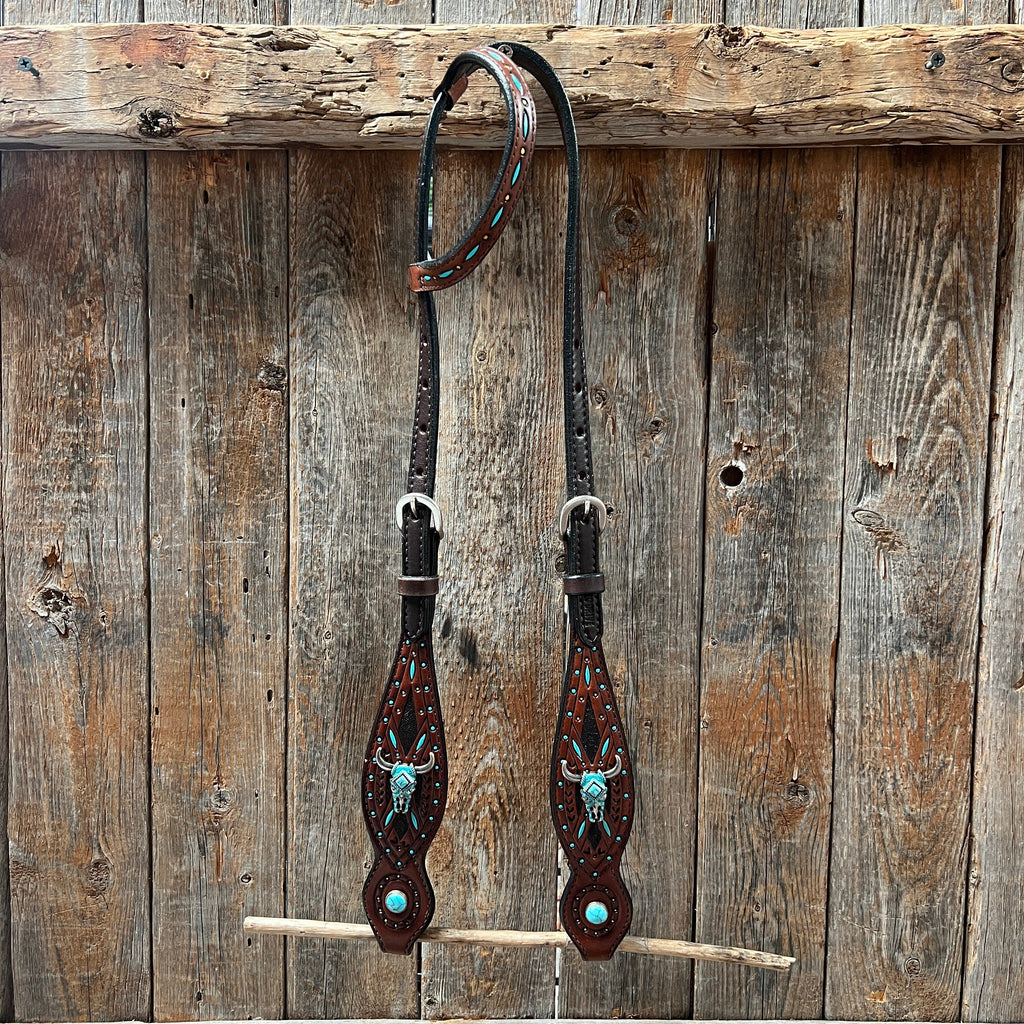 Dark Oil Hand Painted Turquoise Steer Head Browband/One Ear and Breastcollar Tack Set #BBBC624 — view 6