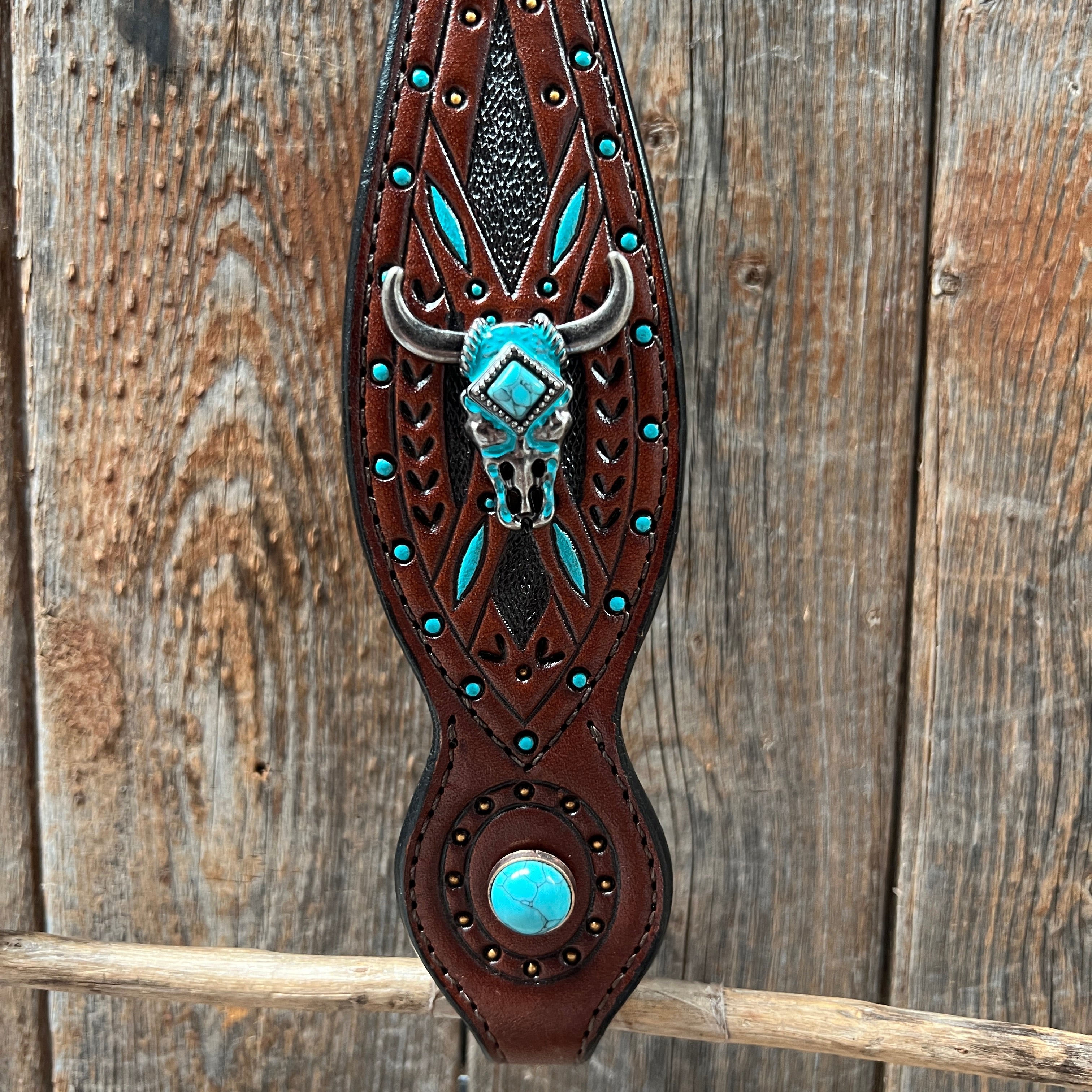 Dark Oil Hand Painted Turquoise Steer Head Browband/One Ear and Breastcollar Tack Set #BBBC624 — view 5