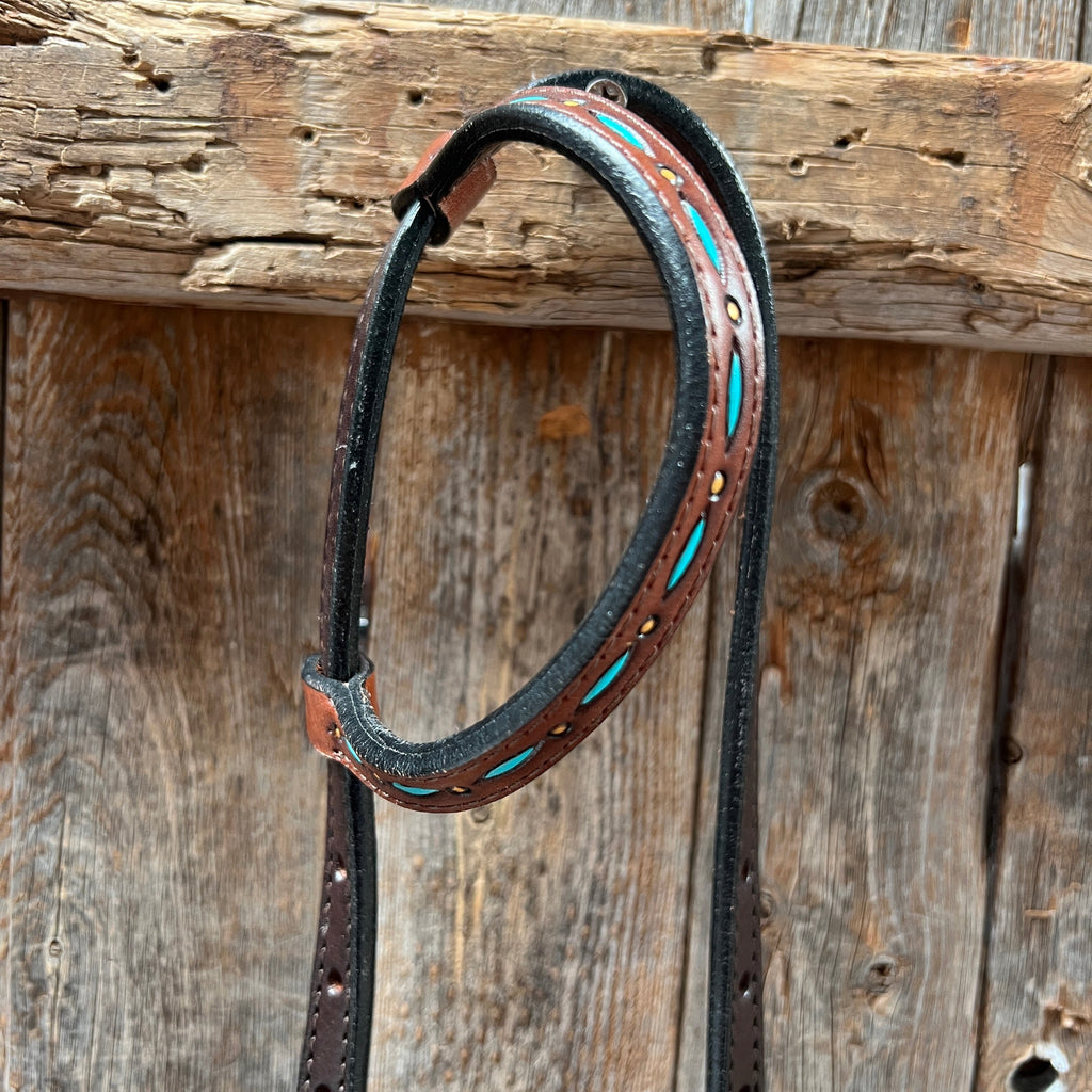Dark Oil Hand Painted Turquoise Steer Head Browband/One Ear and Breastcollar Tack Set #BBBC624 — view 7