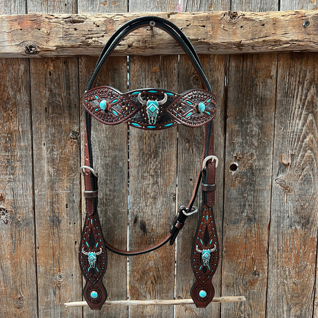 Dark Oil Hand Painted Turquoise Steer Head Browband/One Ear and Breastcollar Tack Set #BBBC624 — view 3