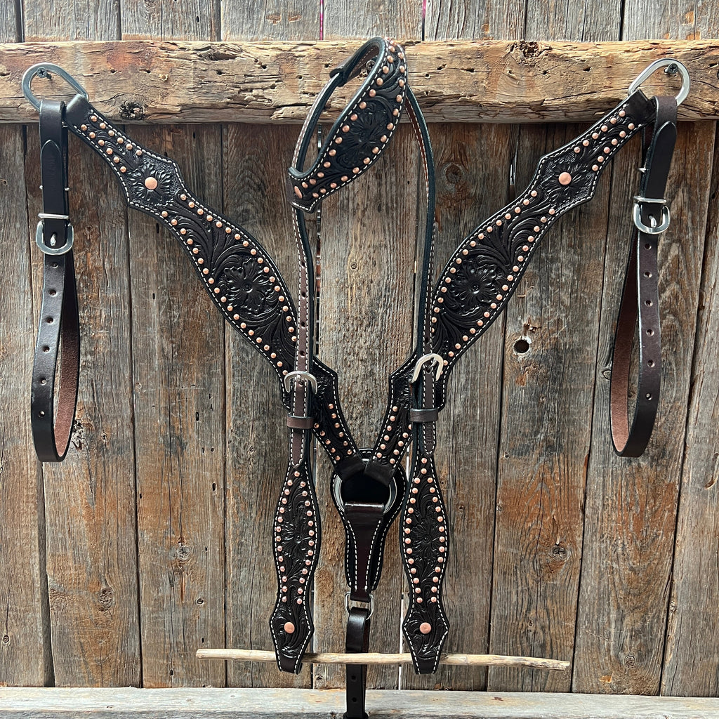 Dark Oil Floral Tooled with Copper Dots Tack Sets — view 2