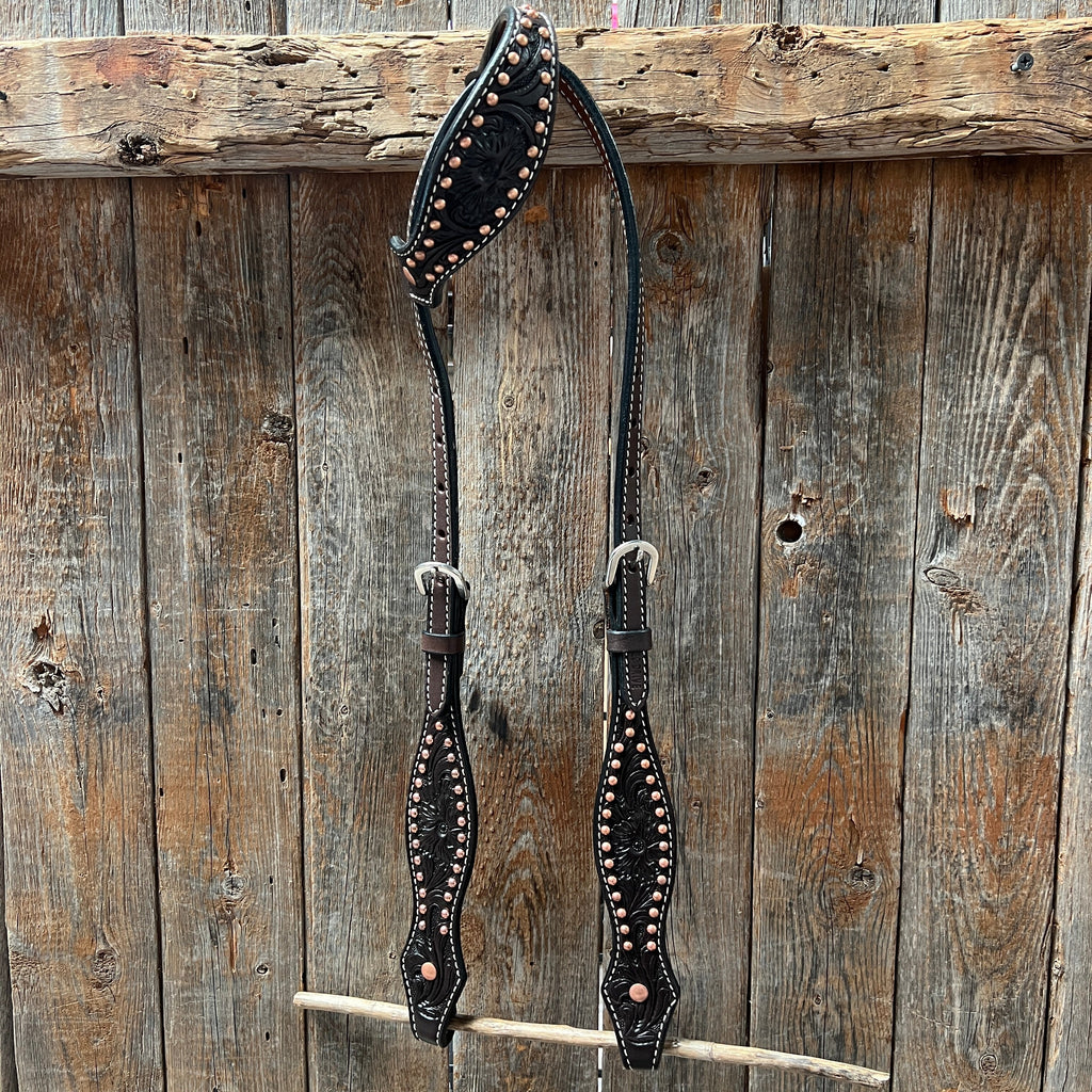 Dark Oil Floral Tooled with Copper Dots One Ear Headstall / Bridle