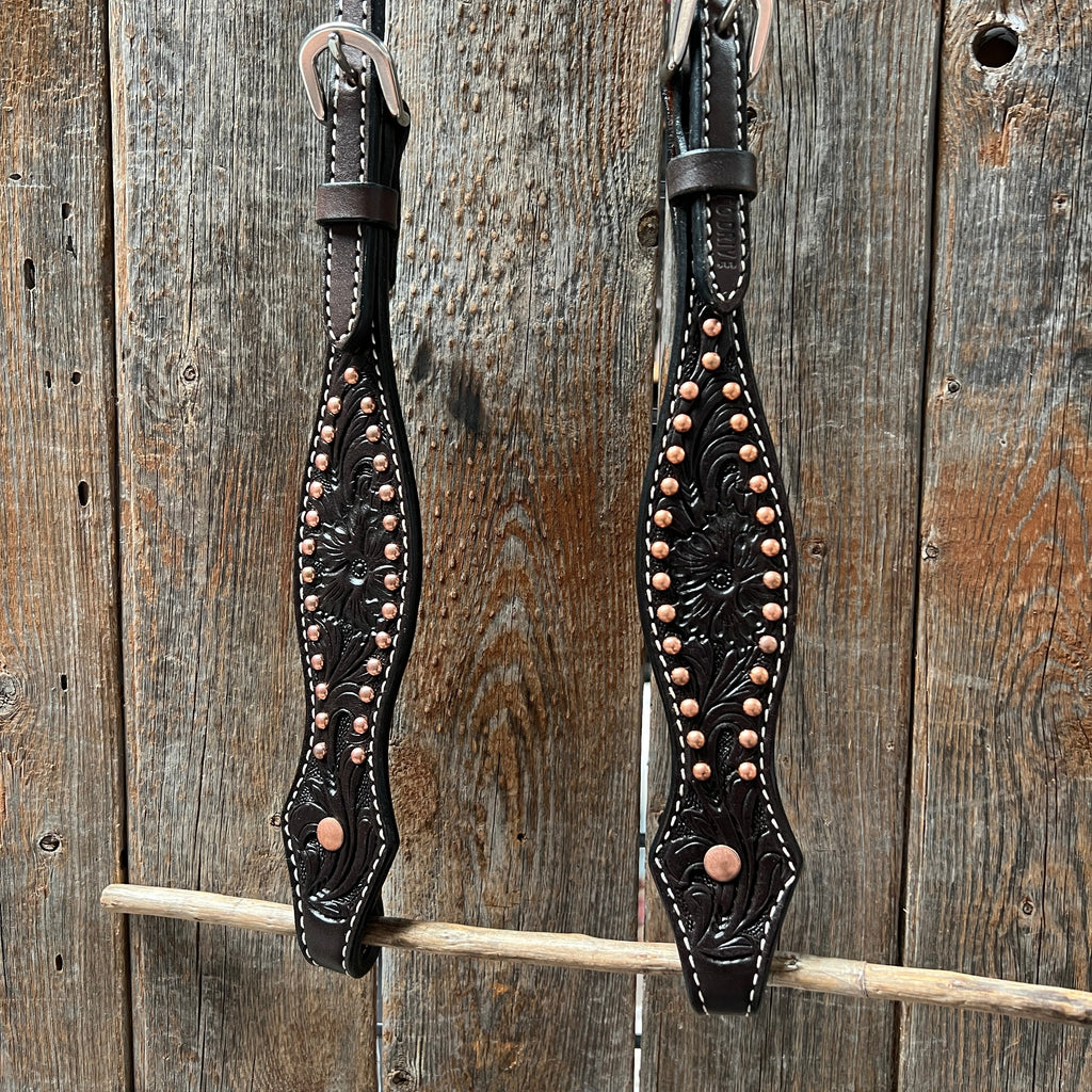 Dark Oil Floral Tooled with Copper Dots Browband Headstall / Bridle — view 3