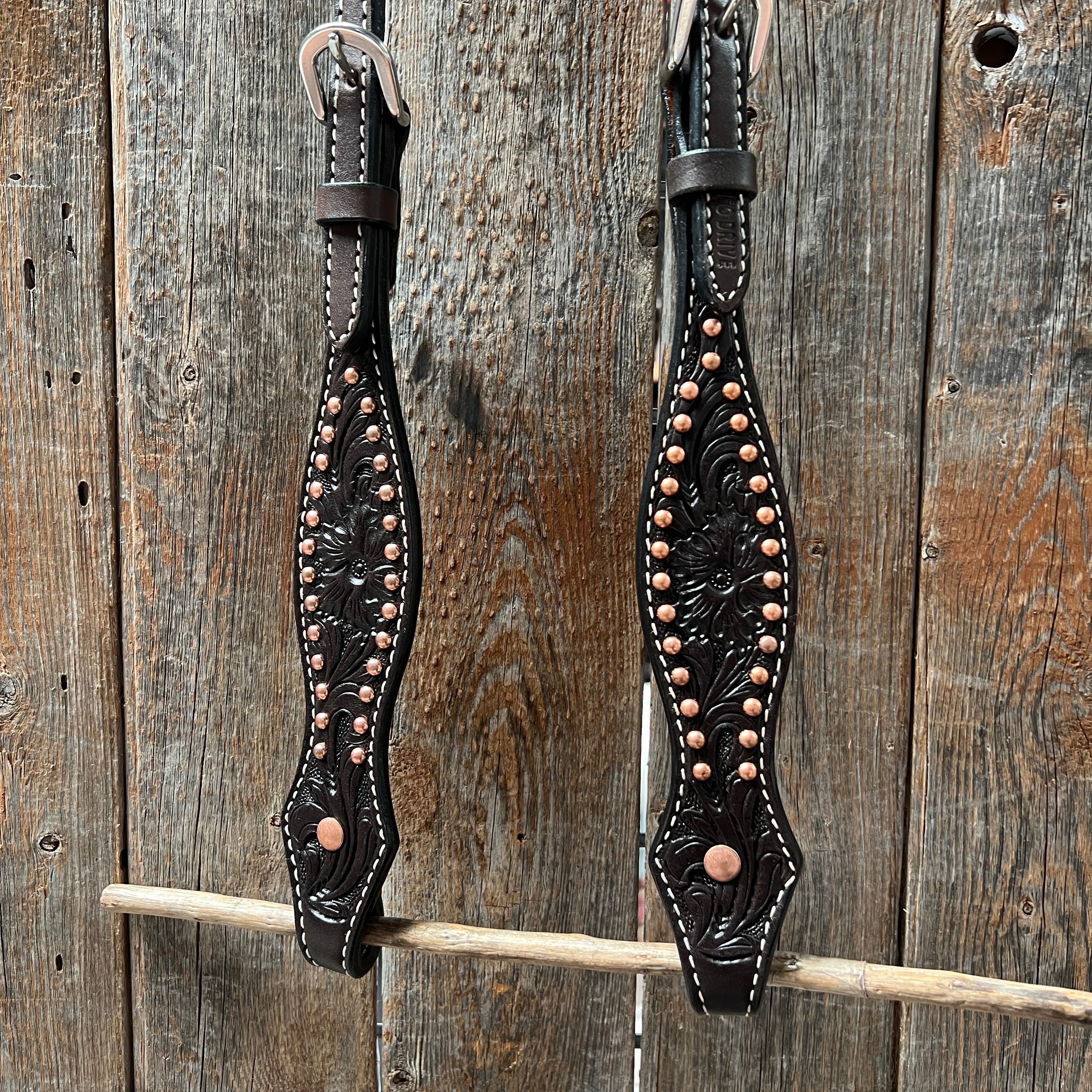 Dark Oil Floral Tooled with Copper Dots One Ear Headstall / Bridle — view 3