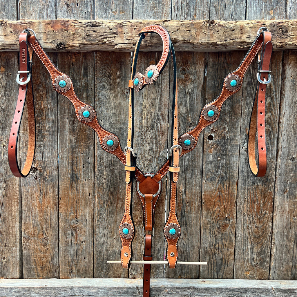 Light Oil Basketweave Copper and Turquoise Browband/One Ear Tack Set #BBBC625 — view 2