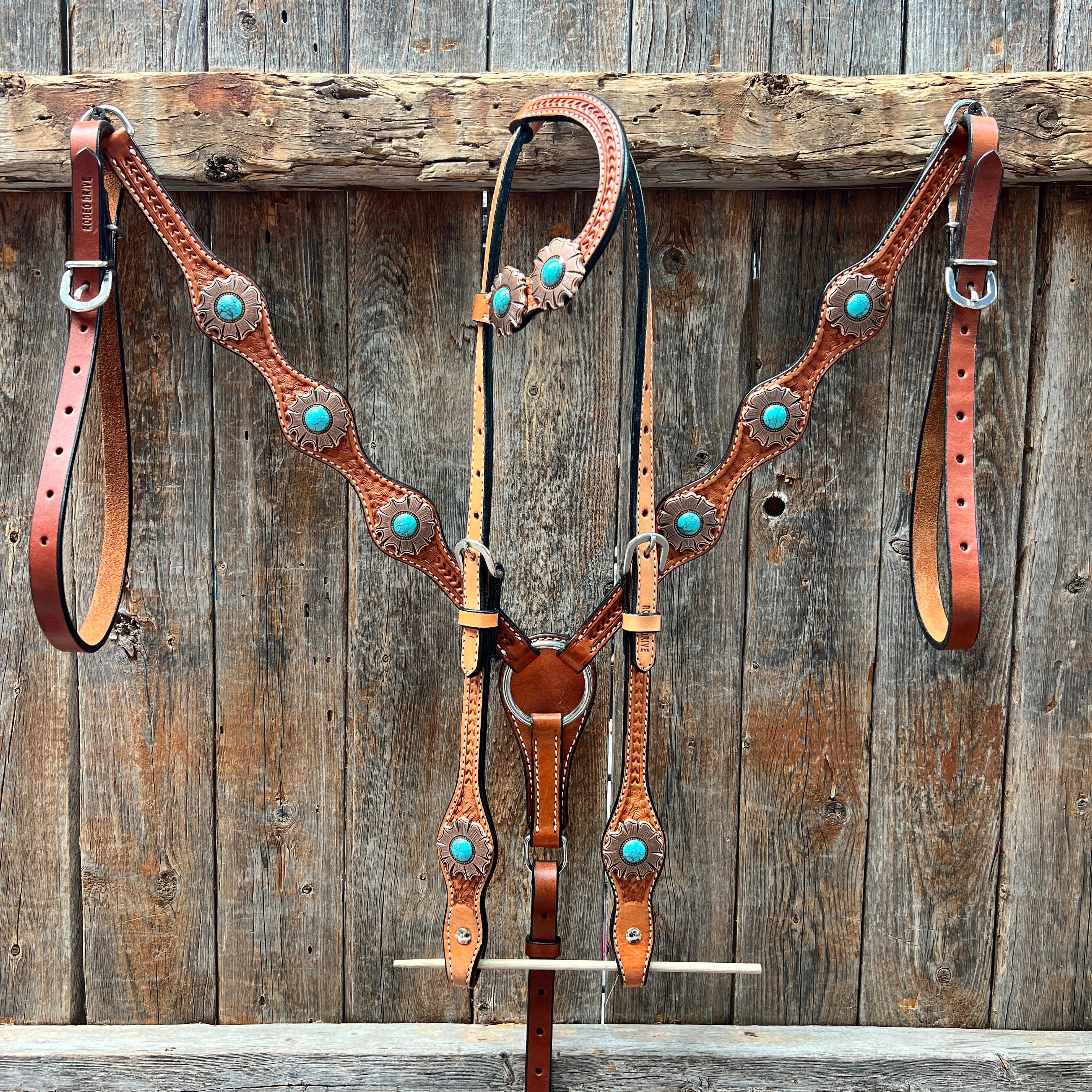 Light Oil Basketweave Copper and Turquoise Browband/One Ear Tack Set #BBBC625 — view 2
