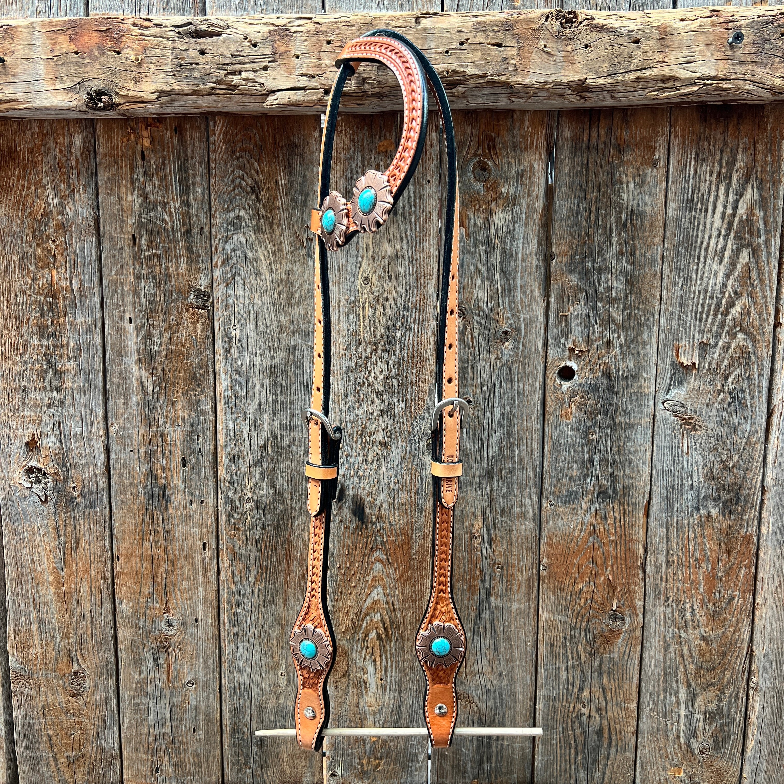 Light Oil Basketweave Copper and Turquoise Browband/One Ear Tack Set #BBBC625 — view 6