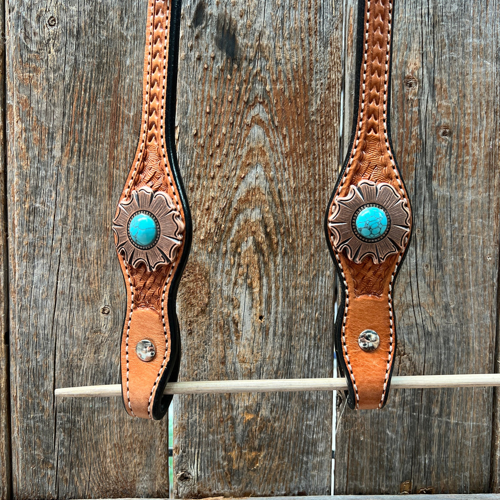 Light Oil Basketweave Copper and Turquoise Browband/One Ear Tack Set #BBBC625 — view 5