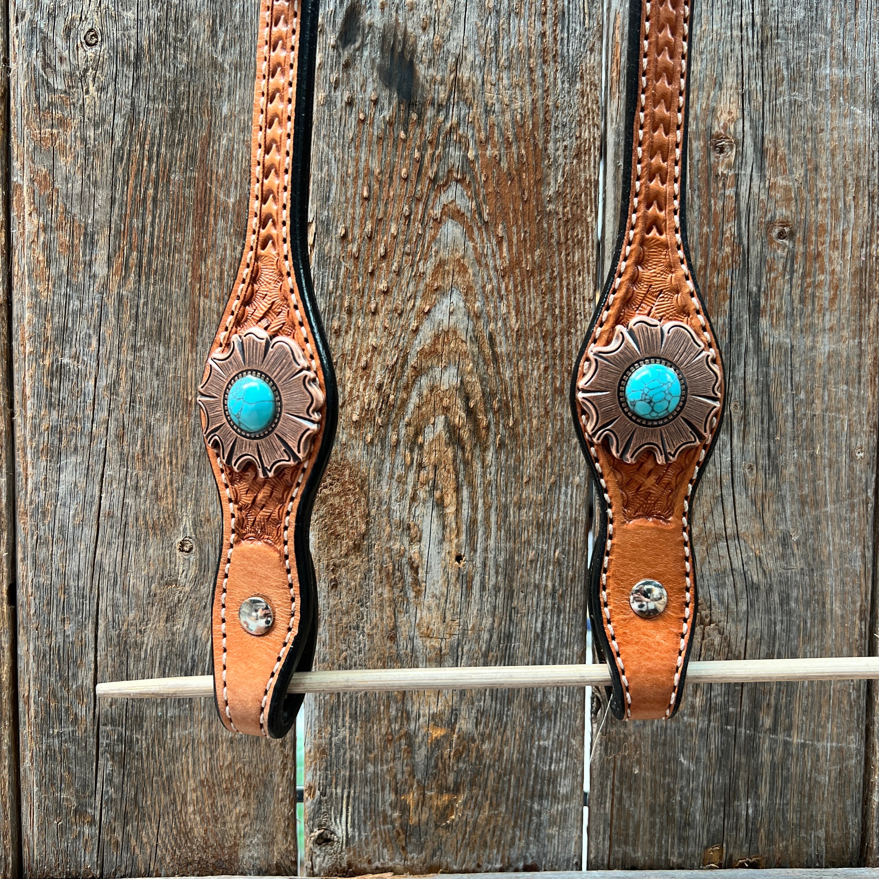 Light Oil Basketweave Copper and Turquoise Browband/One Ear Tack Set #BBBC625 — view 5