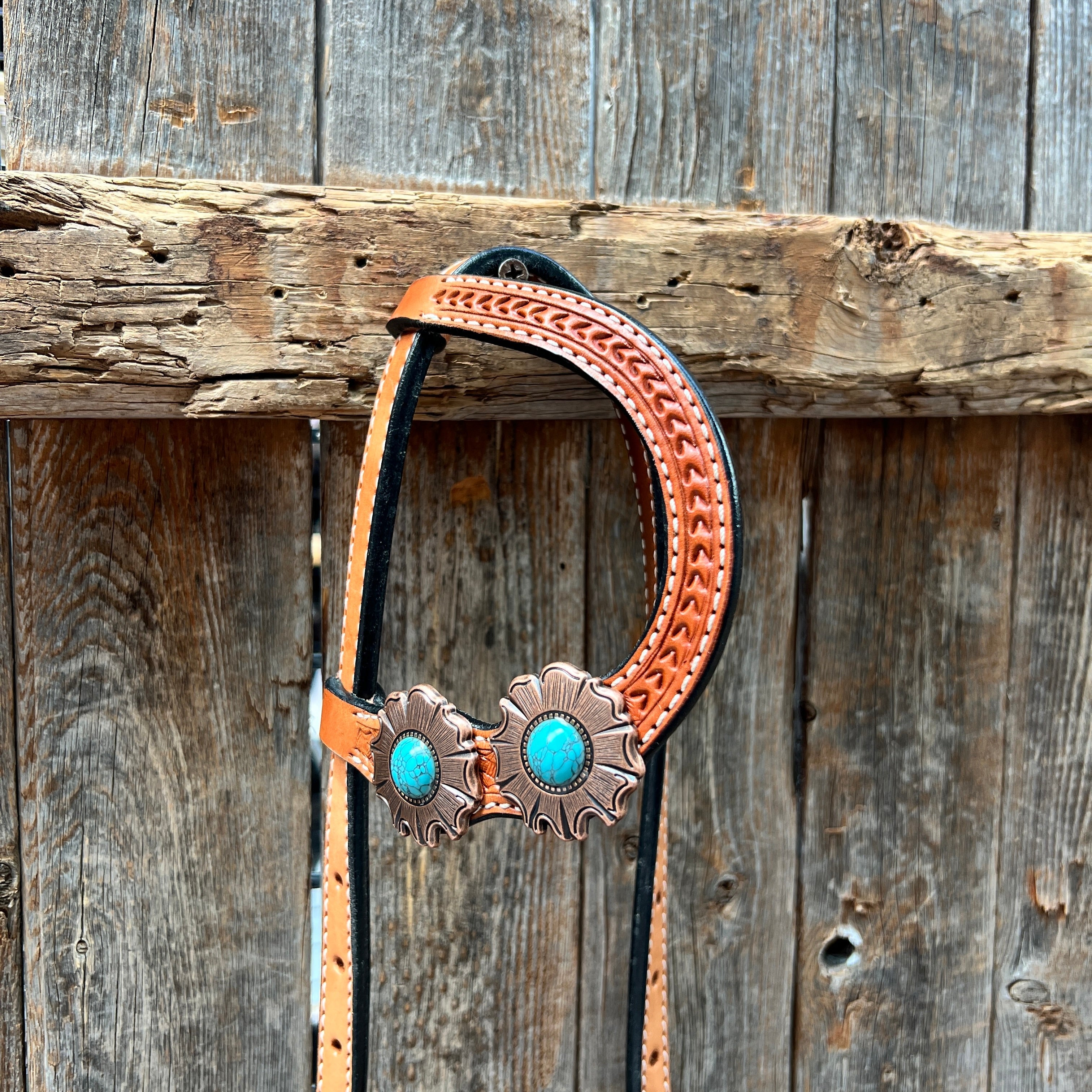Light Oil Basketweave Copper and Turquoise Browband/One Ear Tack Set #BBBC625 — view 7