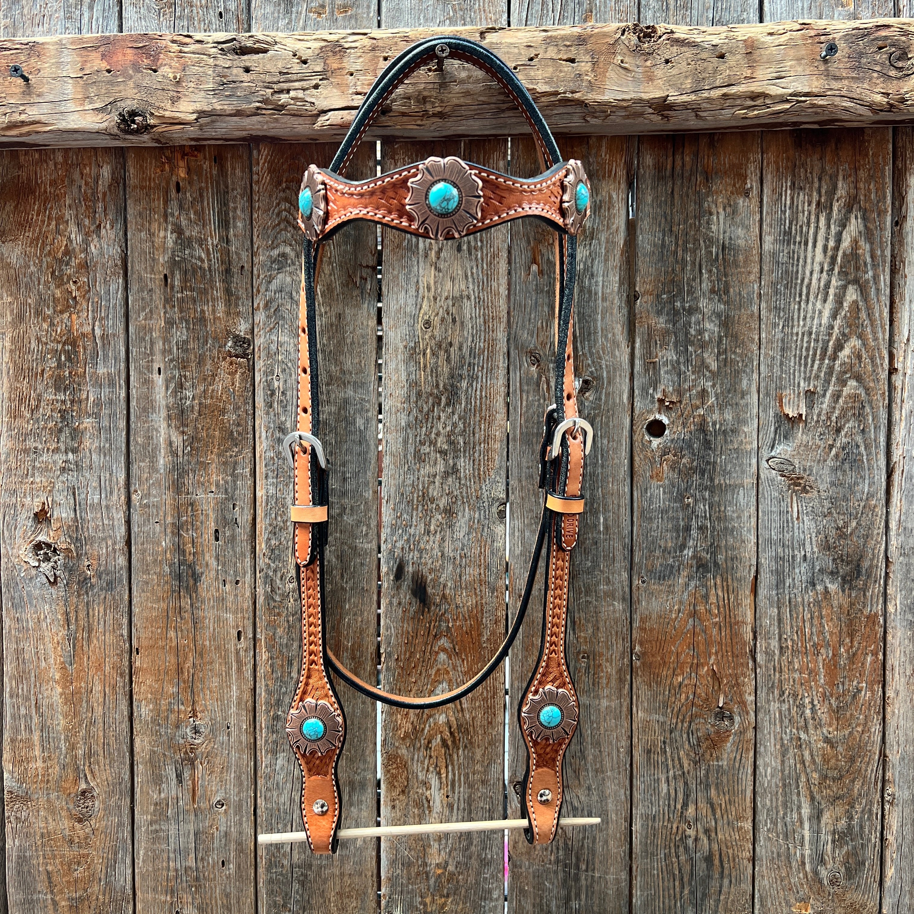 Light Oil Basketweave Copper and Turquoise Browband/One Ear Tack Set #BBBC625 — view 3