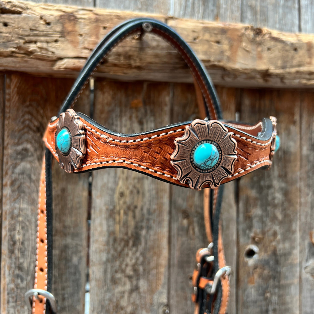 Light Oil Basketweave Copper and Turquoise Browband/One Ear Tack Set #BBBC625 — view 4