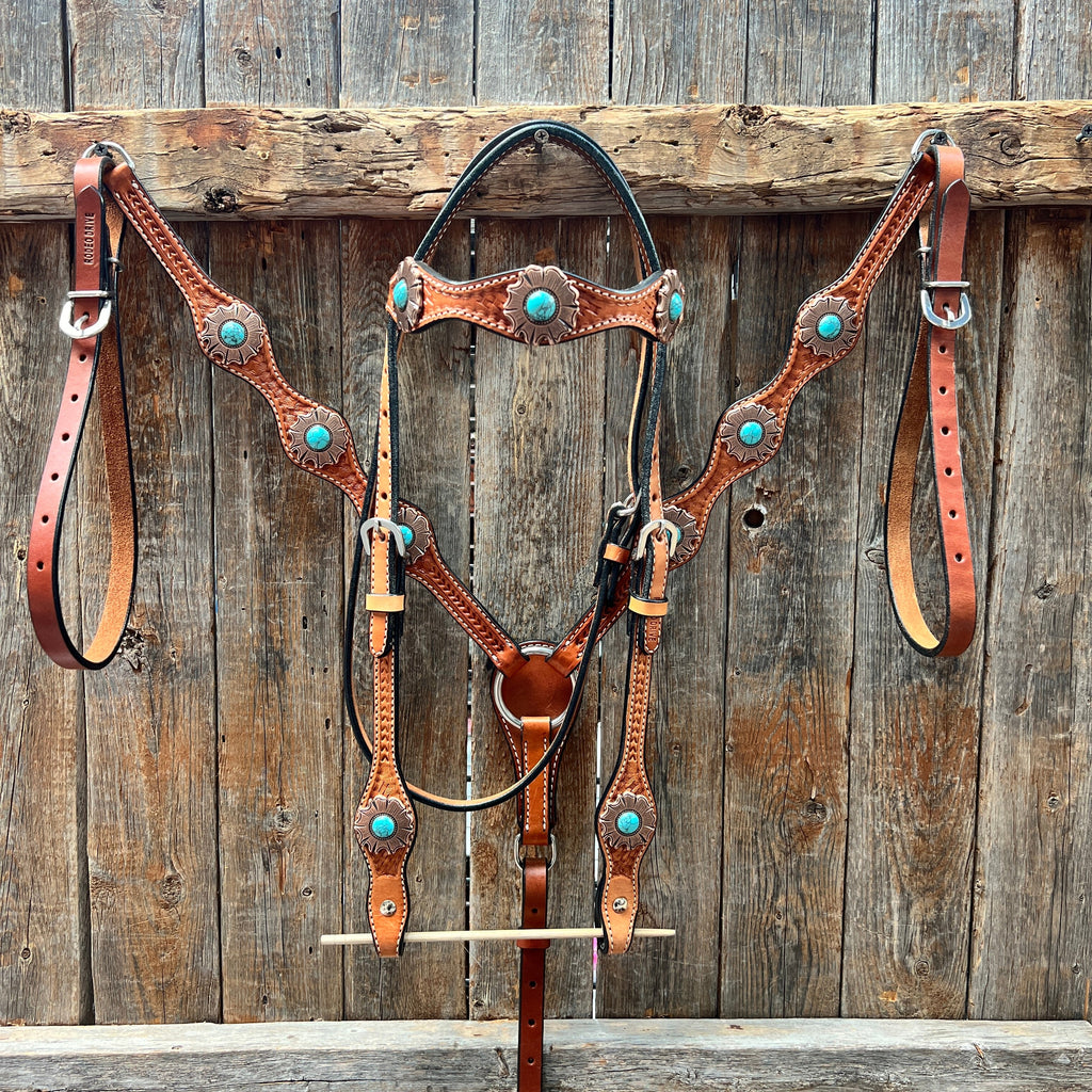 Light Oil Basketweave Copper and Turquoise Browband/One Ear Tack Set #BBBC625