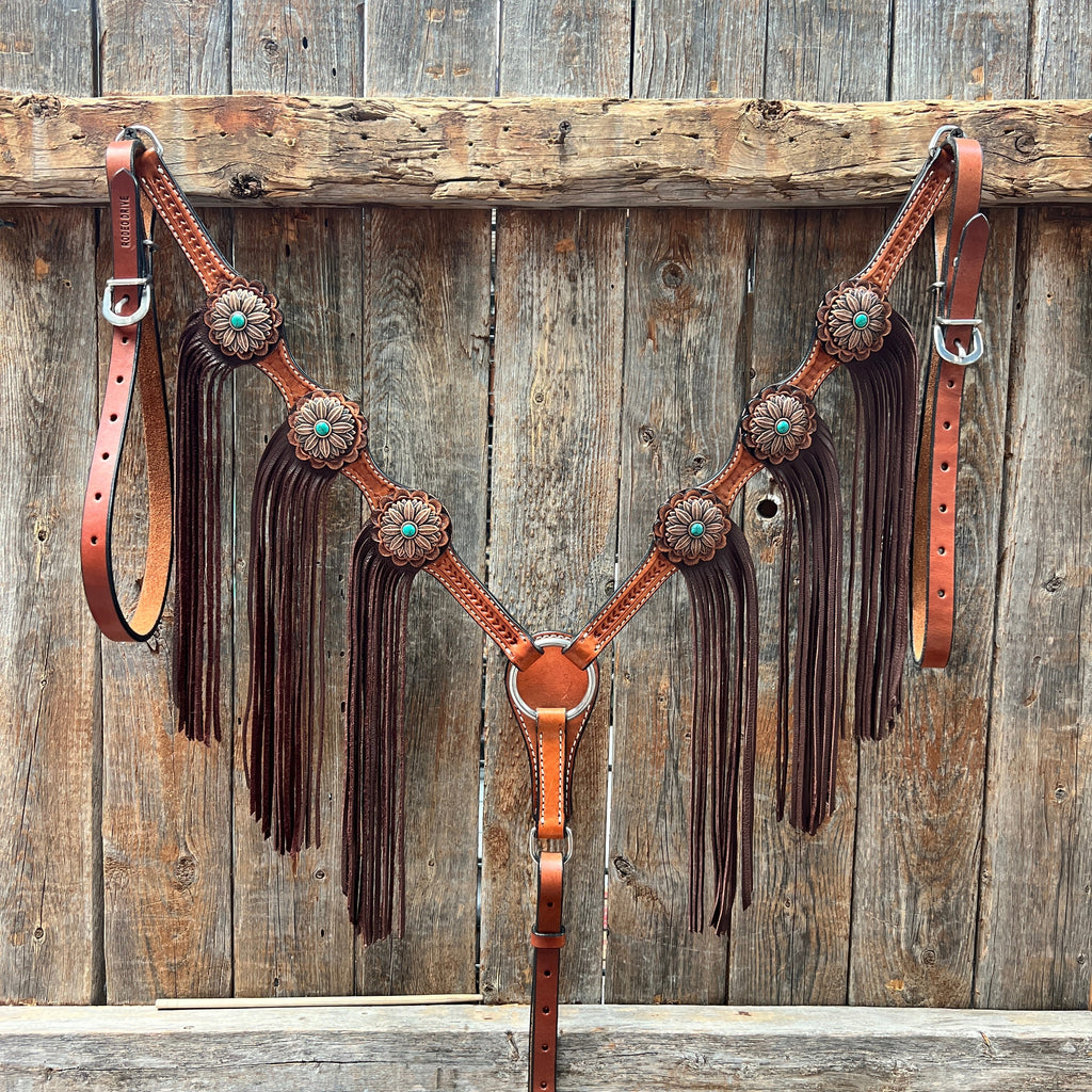 Light Oil Basketweave Copper Flower Browband/One Ear Tack Set #BBBC620 — view 8