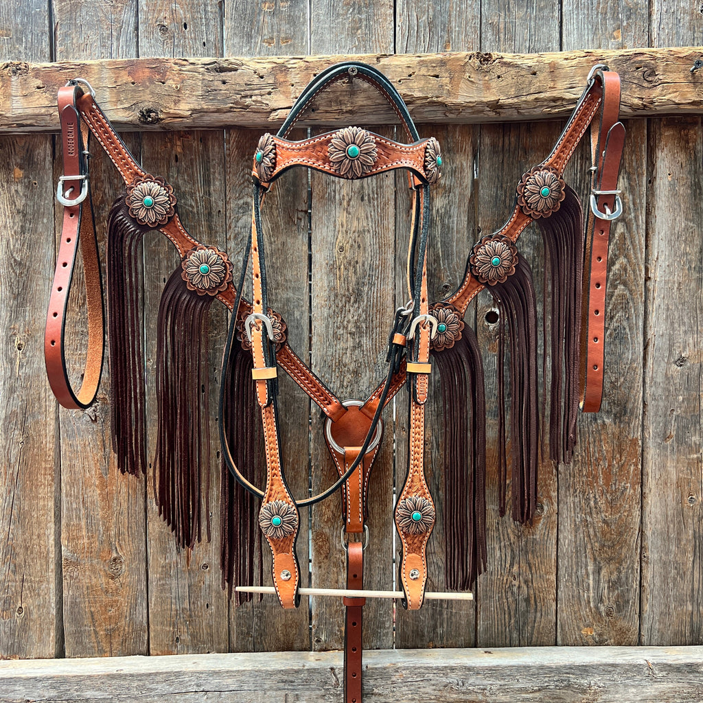 Light Oil Basketweave Copper Flower Browband/One Ear Tack Set #BBBC620